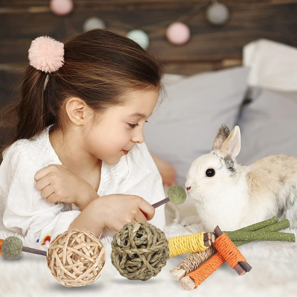 Rabbit Toys Guinea Pig Toys Hamster Toys Bunny Toys 18Pcs Natural Timothy Hay Sticks Apple Wood Sticks Chinchilla Toys for Teeth Care Handmade image number 4