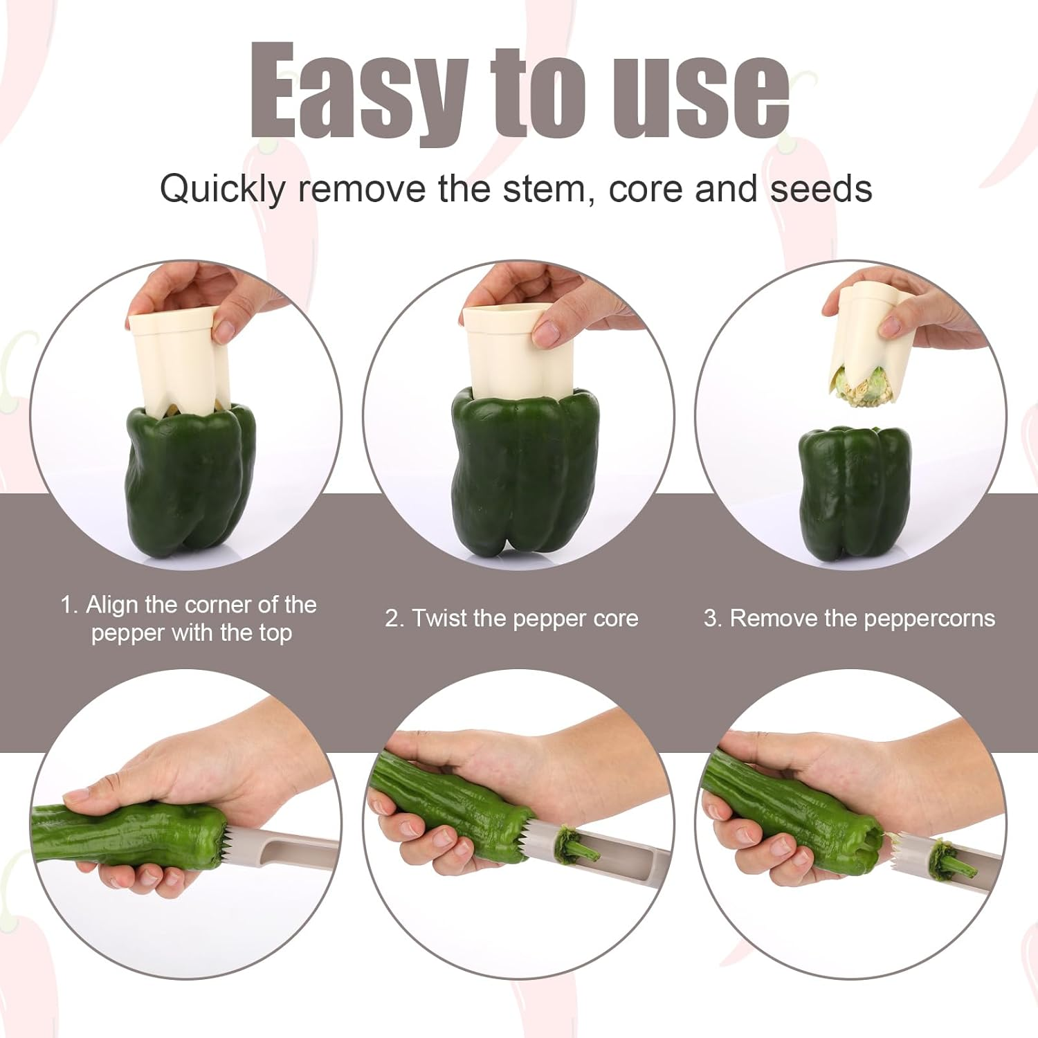 2 in 1 Pepper Corer, Bell Pepper Cutter 2 in 1 Fruit Pepper Corer Pepper Deseeder Pepper Corer and Deseeder for Kitchen Home Family Camping(Off White) image number 4