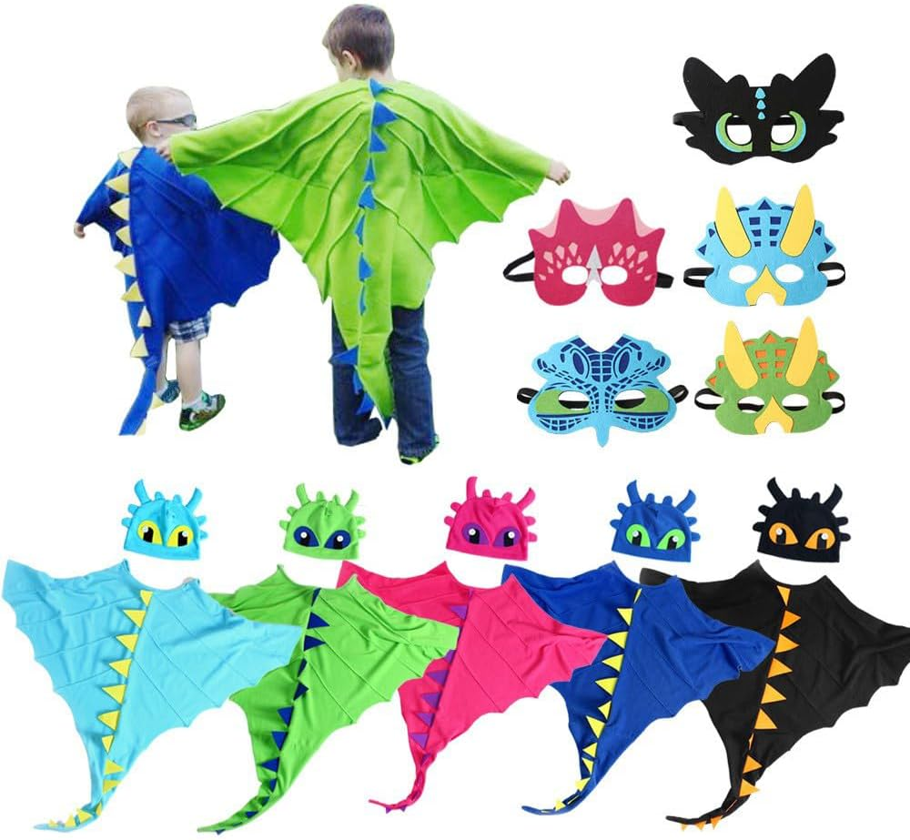 AUTOWT Dinosaur Costume Cape Set for Kids, 3 PCS Children Dragon Wing Cloak with Mask and Hat, Dino Clothes Outfits for Boys Girls Toddler Birthday Halloween Pretend Dress-Up Party Favors