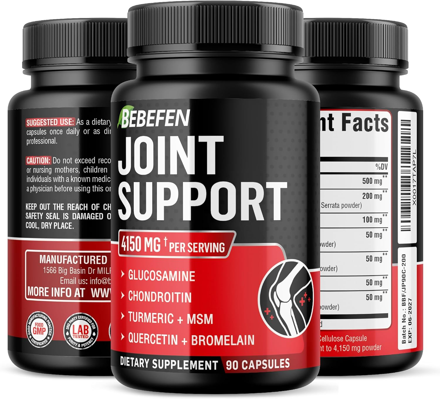 Joint Support Supplement 4150 Mg Equivalent with Glucosamine Hcl, Boswellia Serrata, Chondroitin Sulfate, Turmeric Root, Quercetin, MSM, Bromelain - 90 Capsules image number 5