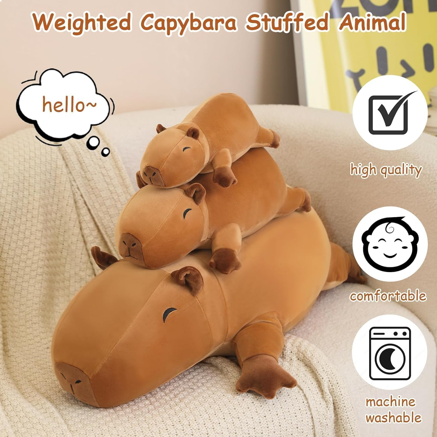SQEQE Weighted Plush Capybara, Weighted Stuffed Animal for Anxiety, Cute Plushies Soft Pillow Toy Gifts for Kids Adults Christmas & Easter Family Gifts, Children'S Day Presents, 60 CM, 1.4 KG image number 5