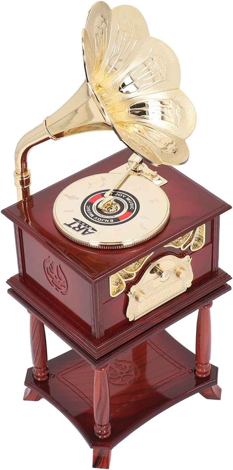 Vintage Gramophone Clockwork Music Box Mechanical Retro Phonograph Style Music Box with Handcrafted Details for Home Office Decor (Brown Gramophone with Base) image number 2