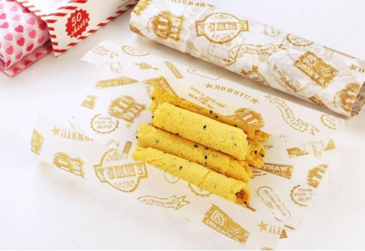 WADY 100 Sheets Food Grade Wrap Paper, Wax Paper Sheets for Food, Food Grade Wrap Paper Greaseproof Sandwich Wrap Paper, Baking Wrapping Paper Deli Paper,For Sweets Cakes Cheese Baking (Style Stamp) image number 4