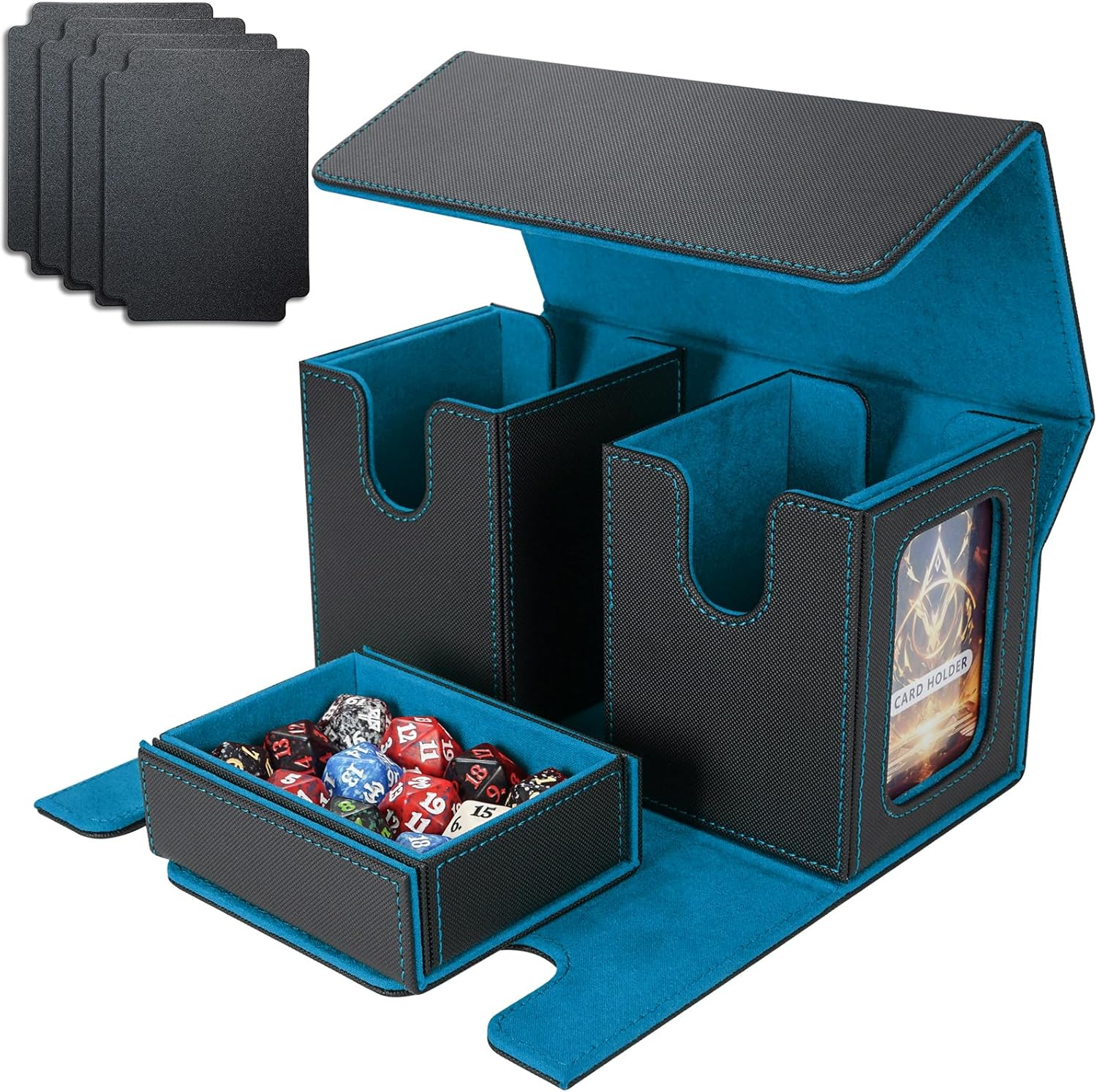 AFIING MTG Commander Card Storage Box - Fits 200 Double Sleeved Cards,3-In-1Card Deck Case,Strong Magnet Card Organizer for Magic Commander TCG Ccg,4Dividers &2 Toploaders, Black/Blue