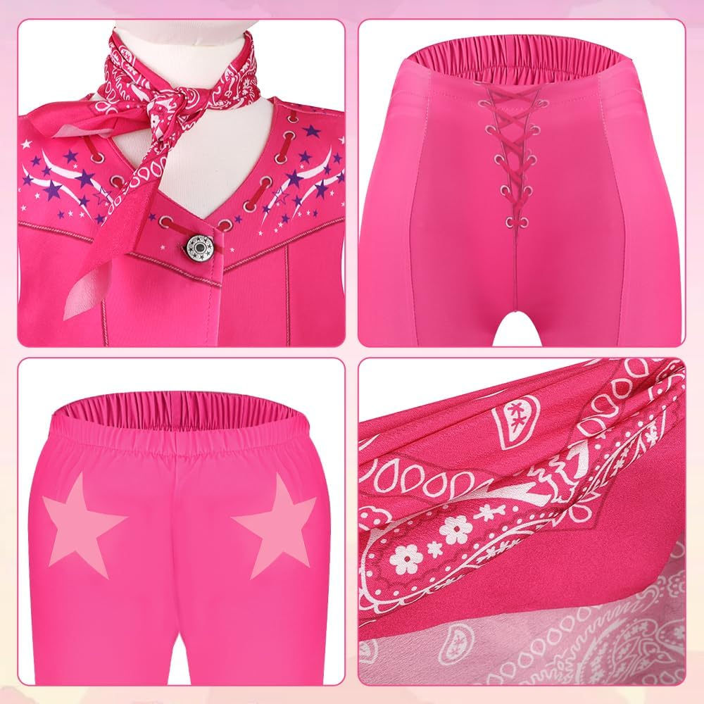 AUTOWT Girls Cowgirl Costume, 5 Pieces Movie Heroine Doll Cosplay Pink Cowgirl Outfit, 1970S 80S Hippie Disco Dress up with Pink Tank Top, Flared Pants, Earrings, Scarf Bag for Halloween Cosplay Party image number 2
