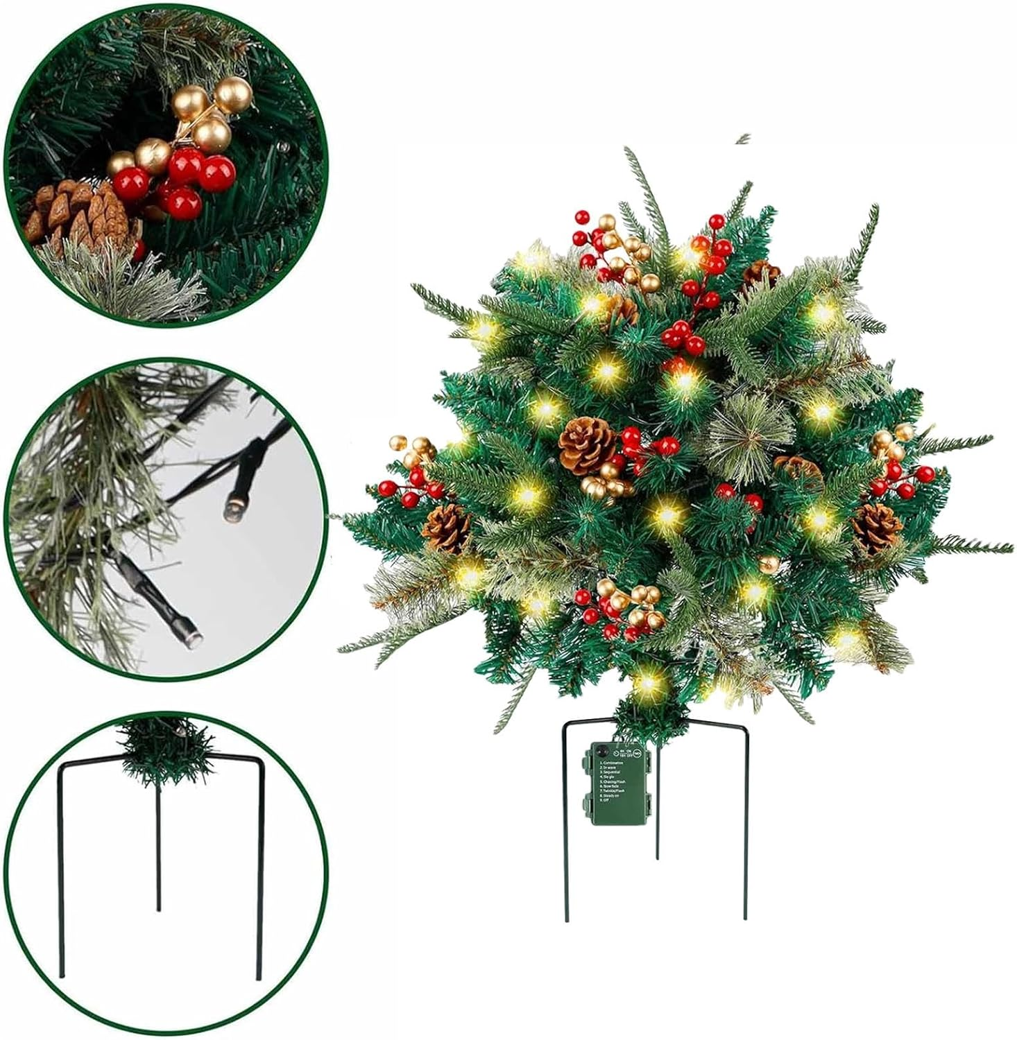 Outdoor Christmas Tree Frosted Urn Filler, Pre-Lit Artificial X Mas Tree with Cones & Red Berries, Battery Operated Christmas Tree, Outdoor Light up Planter Filler Holiday Home Decor image number 2