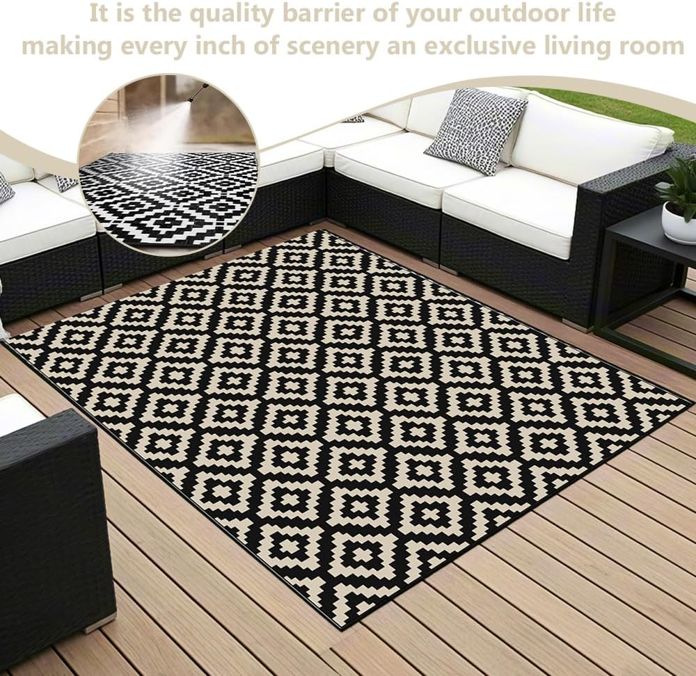 5X6 Ft Reversible Outdoor Rug, Waterproof Plastic Straw Mat for RV, Patio, Deck, Balcony, Camping, and Beach, Durable & Portable Carpet for Backyard or Porch (Black and Beige) image number 1