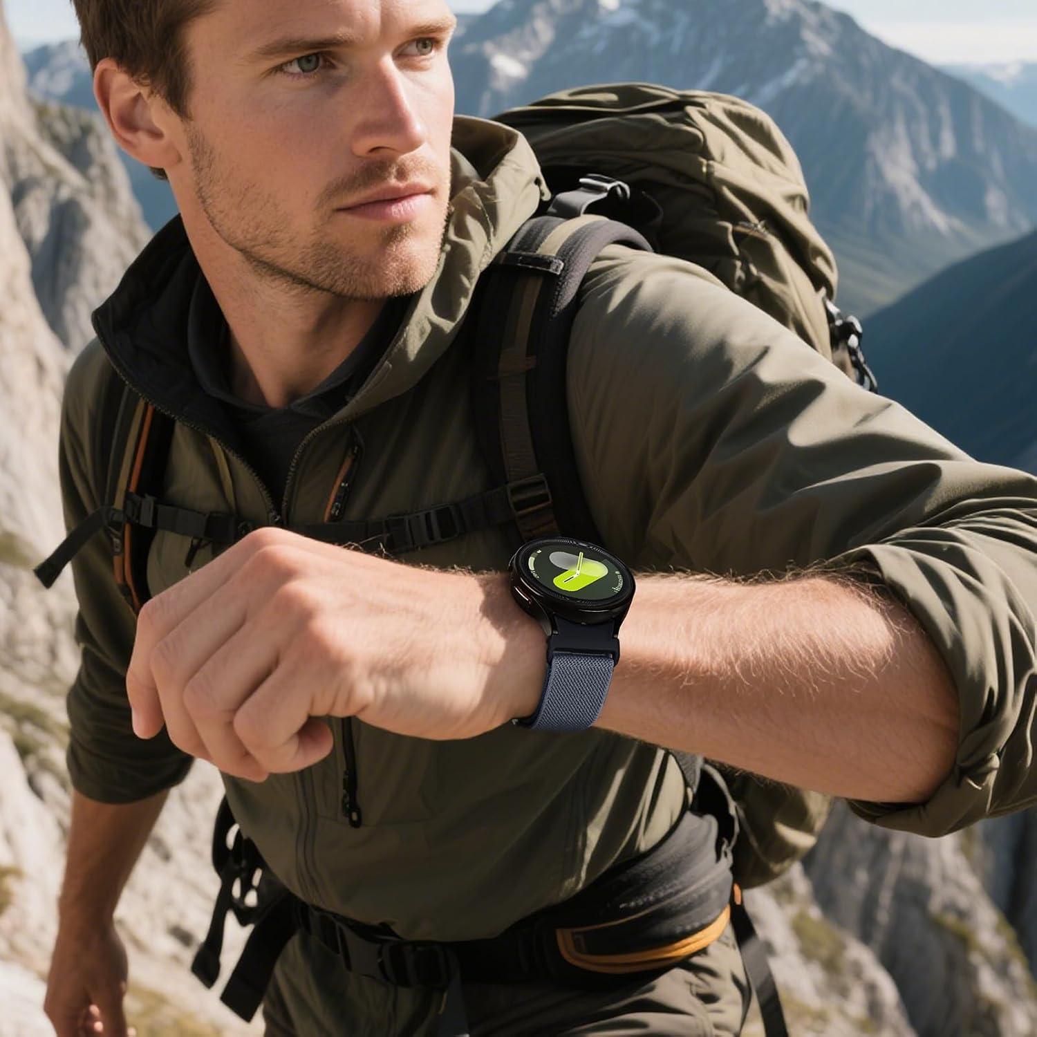 One Click Elastic Nylon Band for Samsung Galaxy Watch 7 6 5 4 Band Women Men 40Mm 44Mm/Galaxy Watch 6 4 Classic 47Mm 43Mm 42Mm 46Mm/5 Pro 45Mm/Fe, 20Mm No Gap Stretchy Parachute Buckle Watch Band - Military Green image number 4