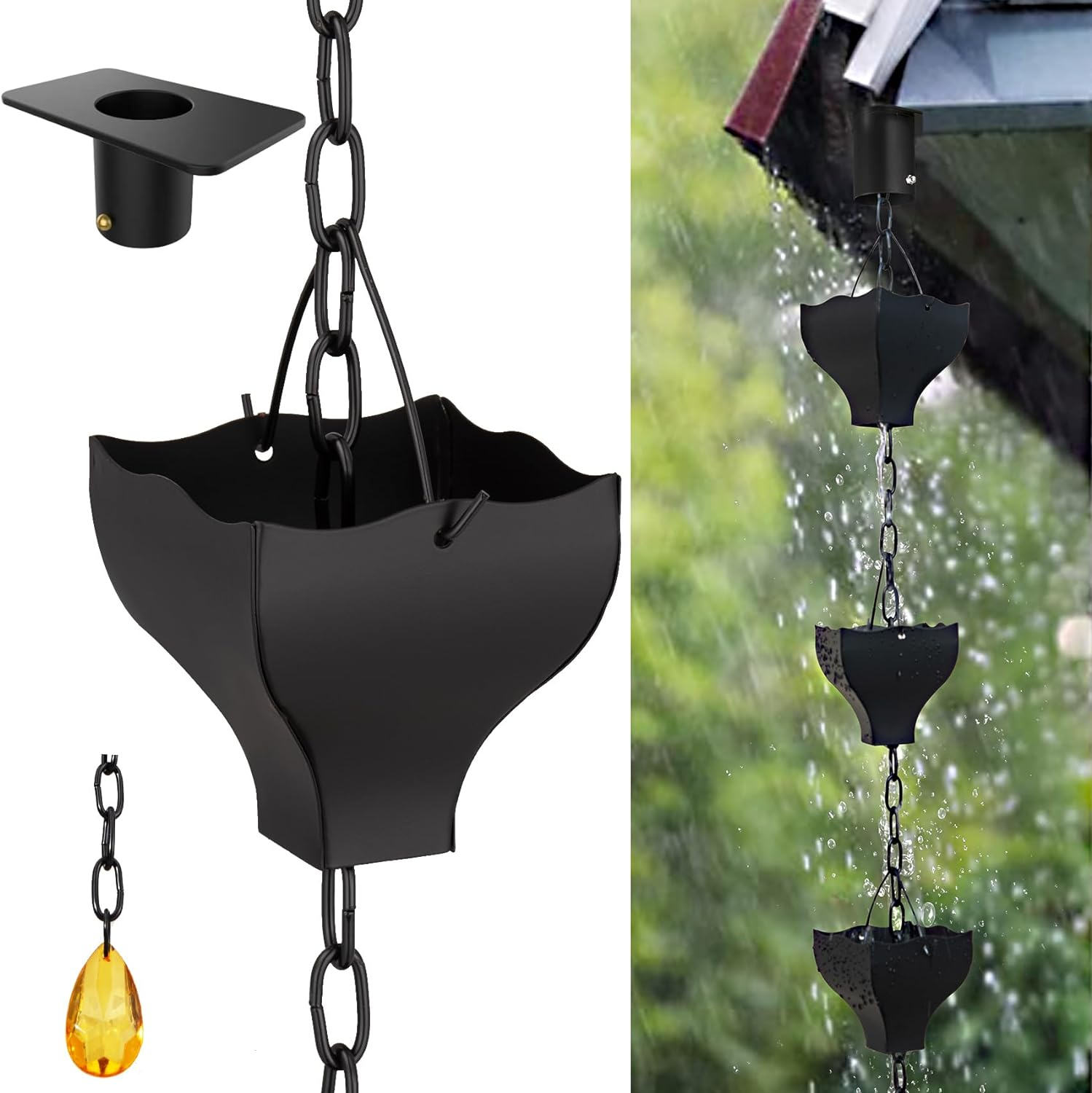8.5Ft Black Rain Chain for Gutters Downspouts Outside, Rain Chains Black Cups Barrel, Functional and Decorative Replacement for Gutter Downspouts image number 3