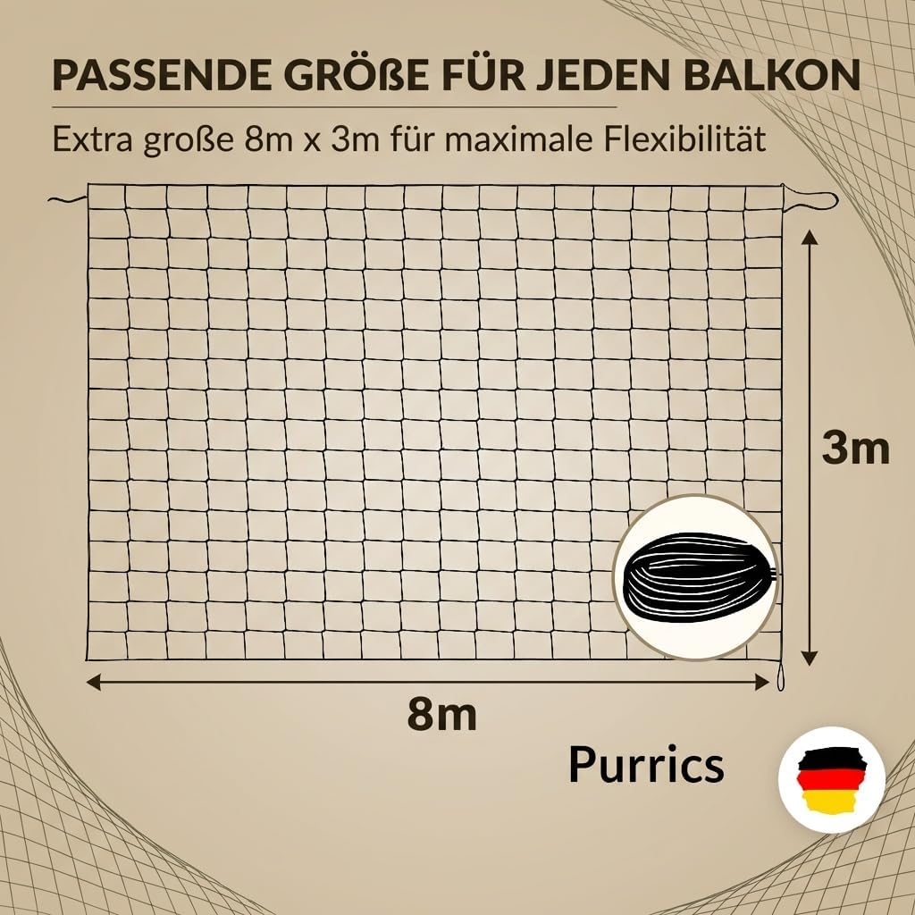Cat Net for Balcony & Window Wire Reinforced | 8 X 3 M | Protective Net No Drilling | Cat Grid Wire-Reinforced | Weatherproof & Bite-Resistant | Mounting Set Included | Cat Protection Net image number 4