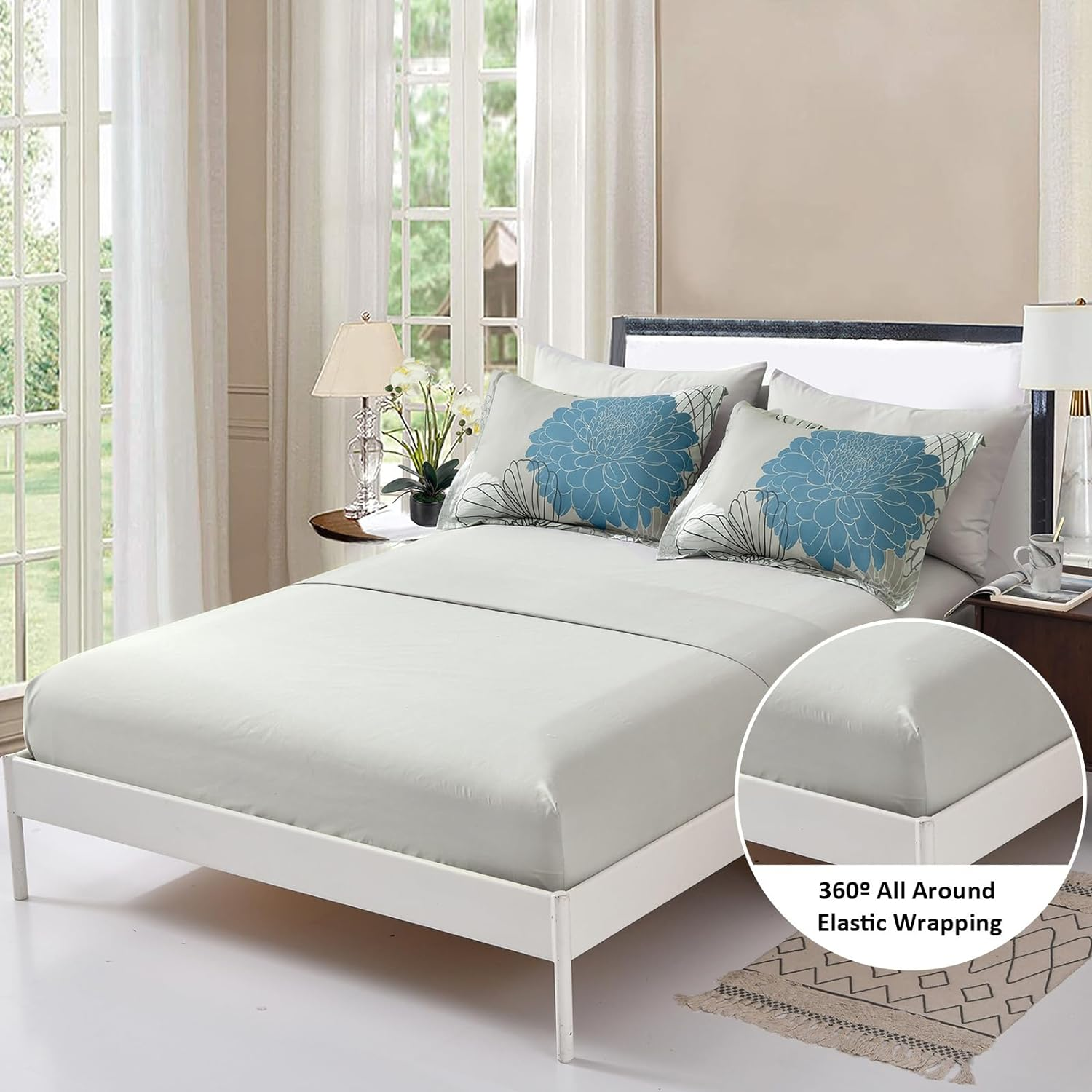 Yiran 7 Pieces Bed in a Bag Blue Floral Comforter Set Queen Size Flowers Comforter Set Soft Microfiber Bedding Set (1 Comforter 1 Flat Sheet 1 Fitted Sheet 2 Pillowshams 2 Pillowcases) image number 2