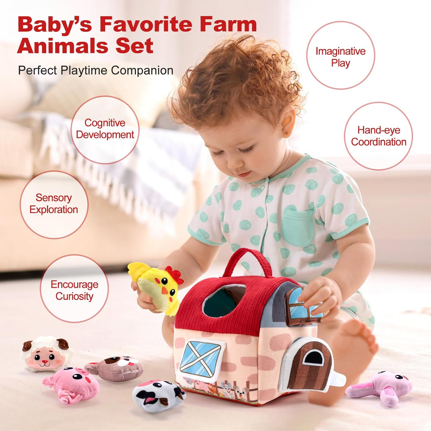 Baby Toys 6-12 Months, Stuffed Animal Rattles Plush Barn with 6 Farm Animals, Rattle, Crinkle Paper, Mirror, Infant Soft Farm Sensory Toys Hand Development Toy for Toddlers 1-3