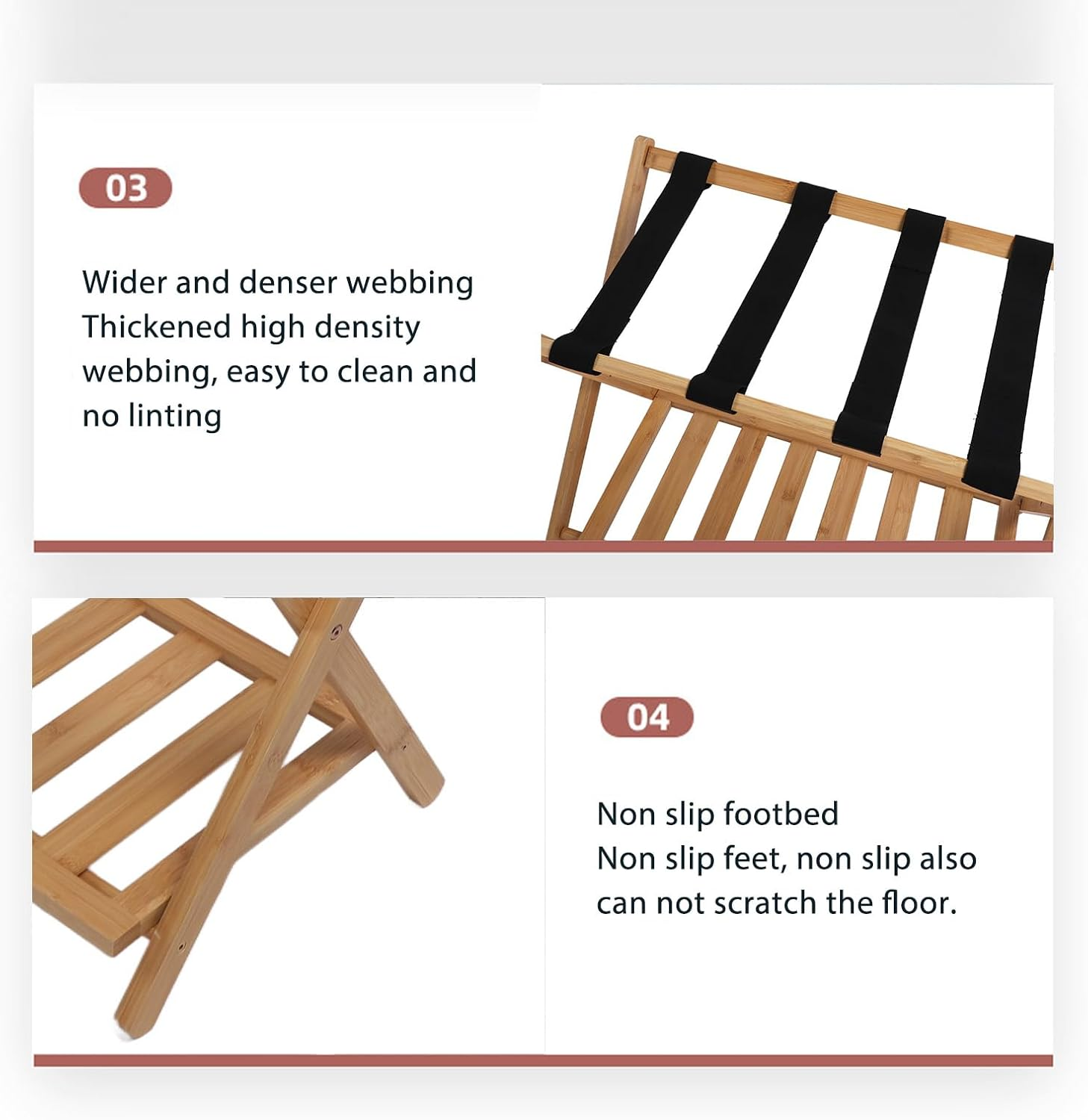 Foldable Luggage Rack, Bamboo Folding Luggage Rack with Lower Storage Shelf, 4 Heavy Duty Straps Folding Suitcase Stand, Ideal for Bedroom, Hotel image number 6