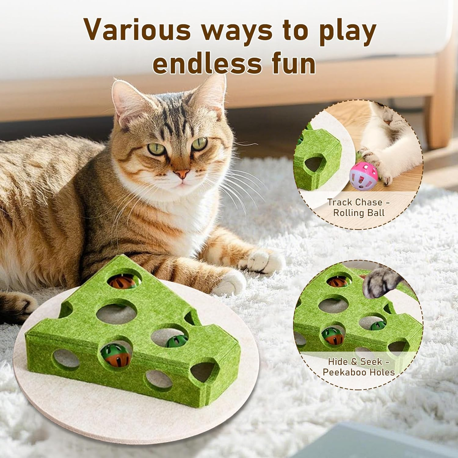 Cat Puzzle Toy, Interactive Cat Toys for Indoor Cats, Kittern Ball Toy with Soft Felt Maze Game Puzzle Box - Fun & Stimulating for Indoor Cats - round (Cheese) image number 1