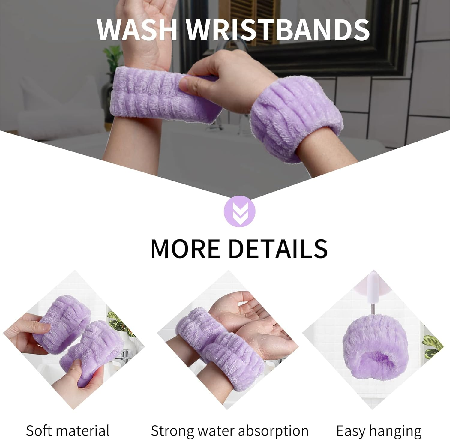 WSYUB Spa Headband, Wristbands, Headband for Washing Face, 2Pcs Wristlets for Sleeves Dry, Make up Headband,Purple - Black And White image number 5