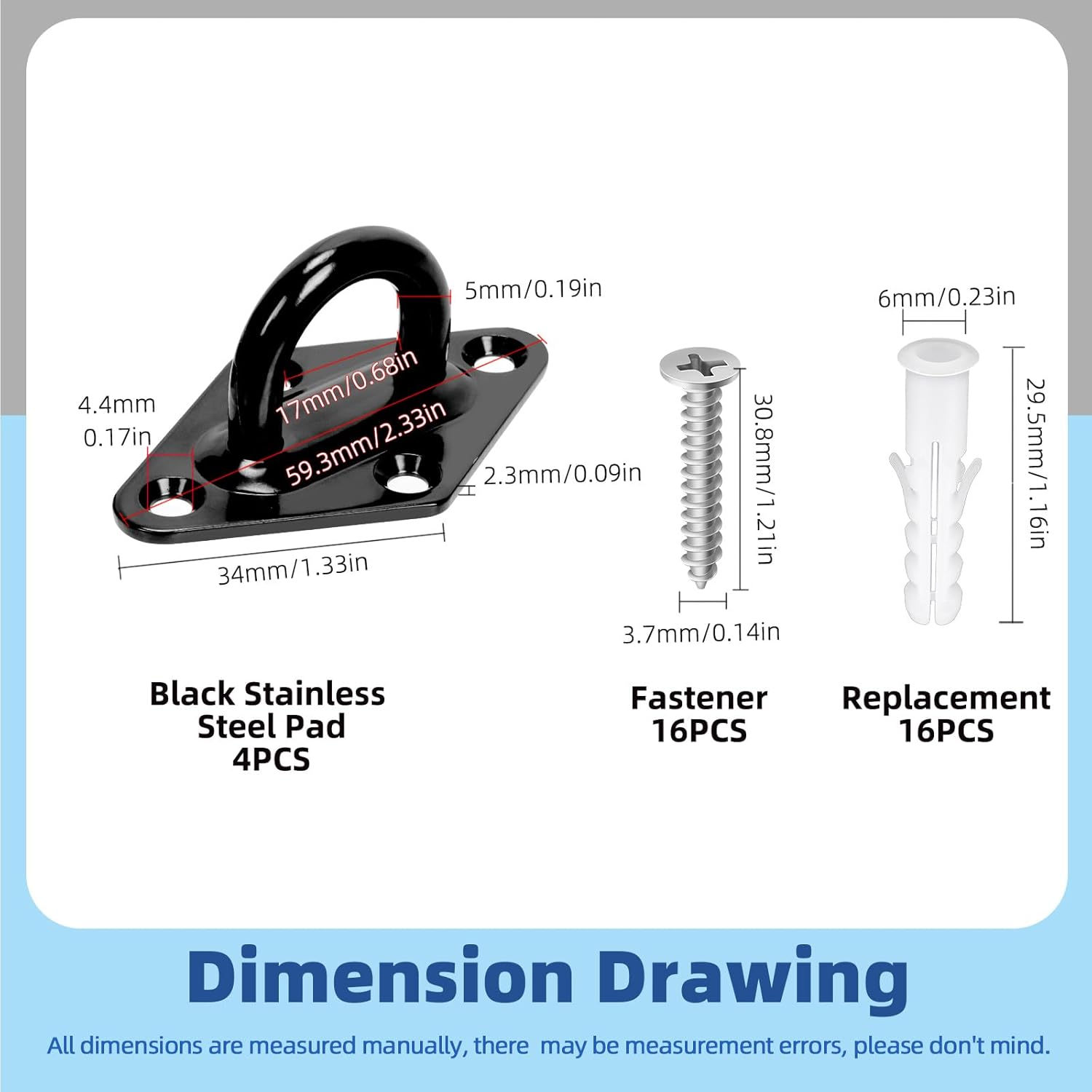 Glarks 36Pcs M5 Stainless Steel Pad Eye Plate Hook Kit, Diamond Eye Plate U Hooks Heavy Duty Ceiling Hooks and Carabiner Clips Snap Hook for Ceiling and Mounting Hanging Hardware image number 4