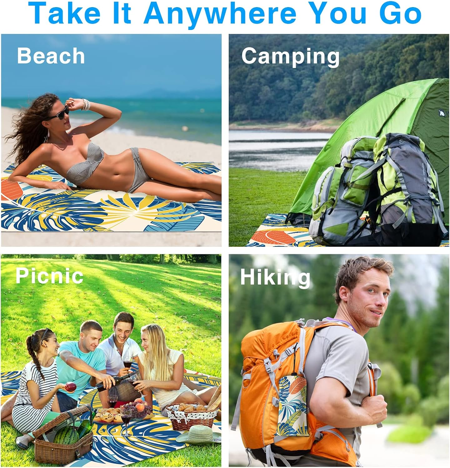 Beach Blanket Sandproof, Waterproof Beach Mat Oversized 79 X 83 Inch for 4-6 Adults, Lightweight Beach Blanket for Outdoor Travel Camping Hiking - Blue image number 4