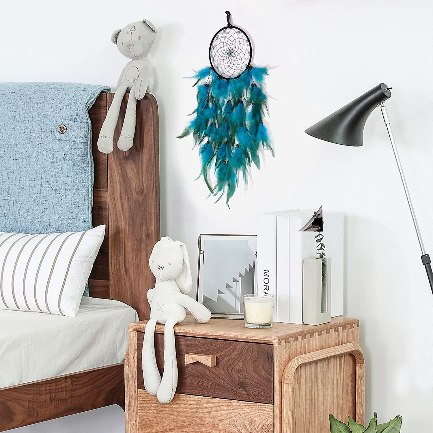 Dream Catchers with Blue Feathers, Handmade Boho Traditional Circular Net Dreamcatcher Wall Hanging Decor for Bedroom Dorm Home Ornaments Craft Gift (Black Circle)