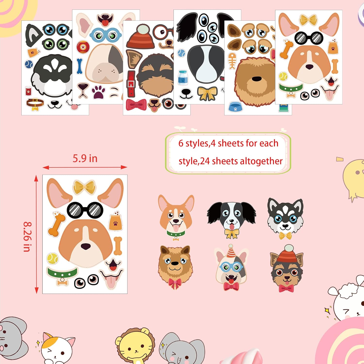 24 Sheets Dog Make a Face Stickers, Cute Animal Party Games Decal Mix and Match Sticker, Make Your Own Dog Stickers DIY Crafts for Birthday Activities Party Supplies Classroom Rewards Gifts