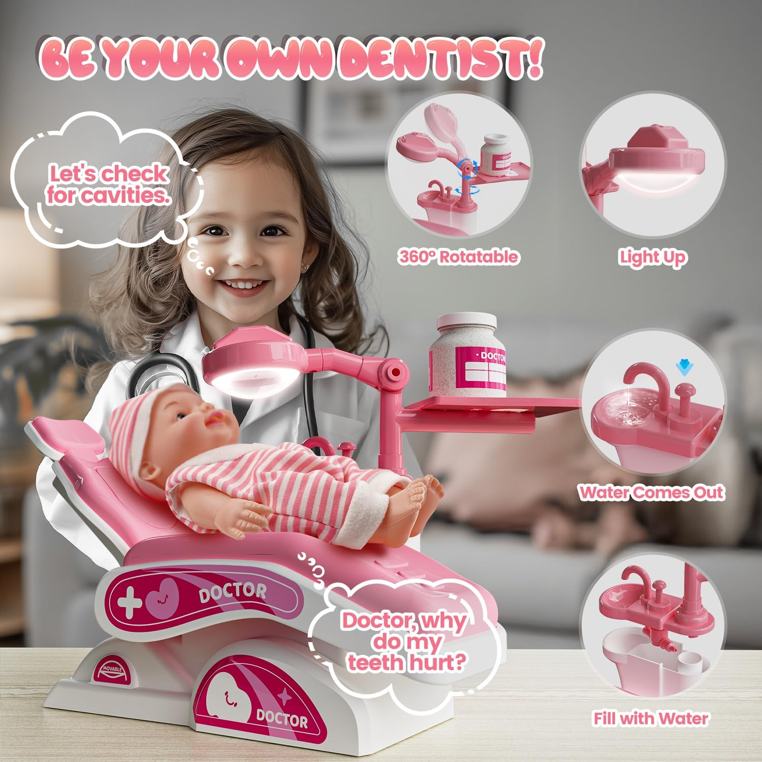 Toy Doctor Kit for Toddlers, Kids Dentist Play Set with Dentist Chair, Doll Toy, Stethoscope, Large Carrying Storage Bag, Dental Accessories, Pretend Doctor Play Medical Gift Kit for Girls Pink image number 6