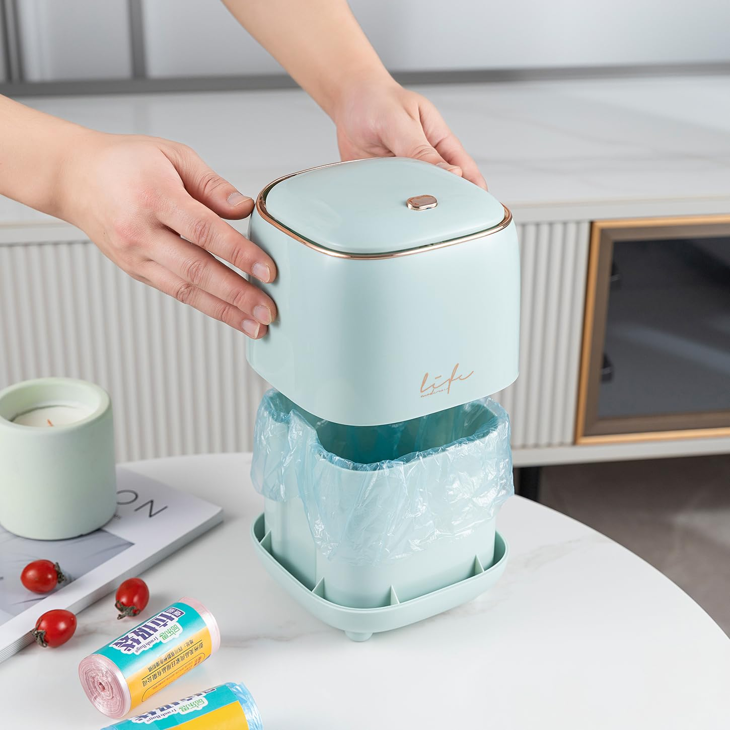 Recycle Bin Plastic Creative Mini Desktop Trash Can with Lid Small Home Office Cleaning Trash Can Button Desktop Storage Bucket Light Trash Can, with 50 Trash Bags image number 6