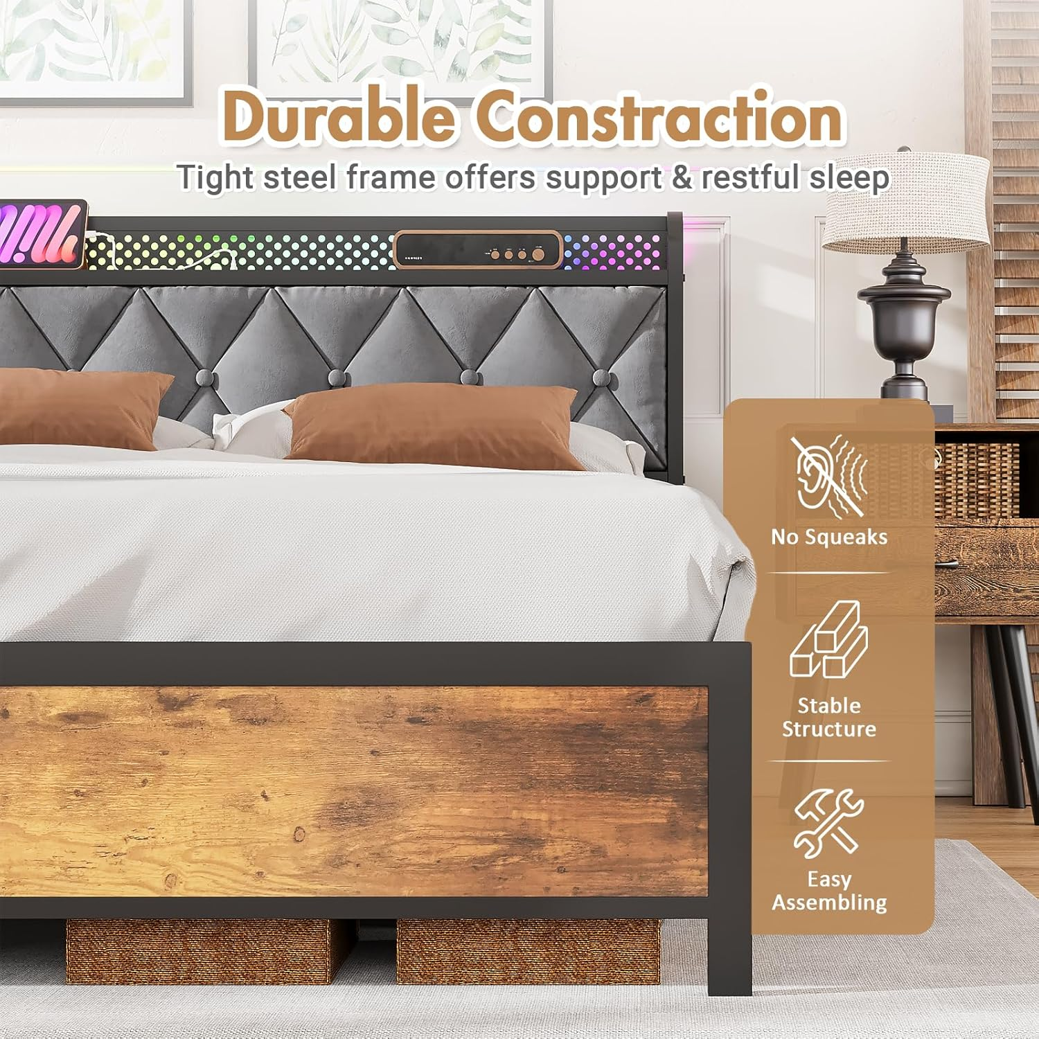 ADVWIN Queen Size Bed Frame, Storage Headboard with Led & Charging Station, Industrial Upholstered Platform Bed with Metal Mattress Base Support, No Box Spring Needed, Rustic Brown & Gray (Queen) image number 3