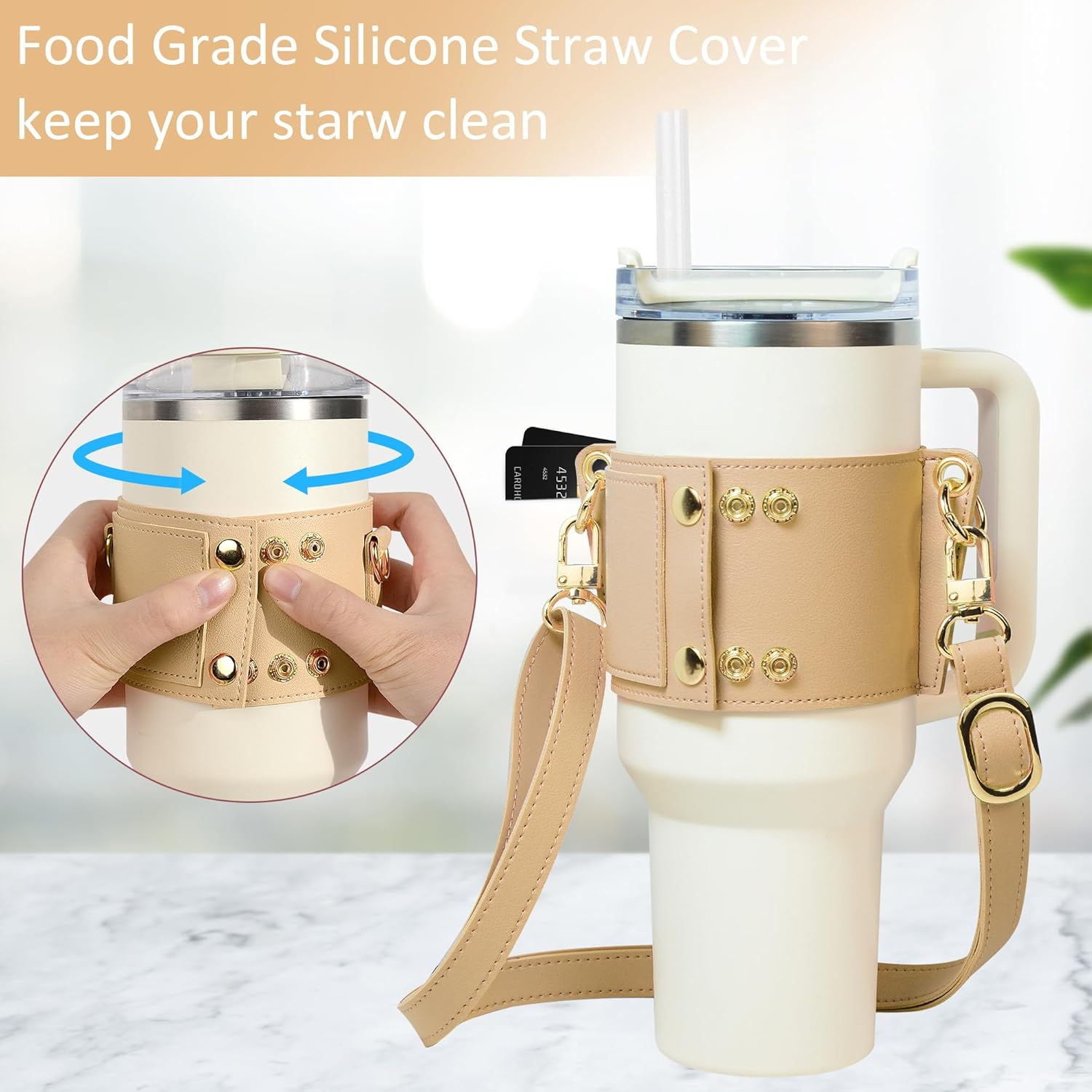 Water Bottle Holder - Carrier Strap for Stanley 40 Oz & 30 Oz Tumbler with Handle, for Stanley Cup Accessories, Adjustable Strap, Credit Card Holder, Keyring, Straw Cover (Khaki) - Black image number 3