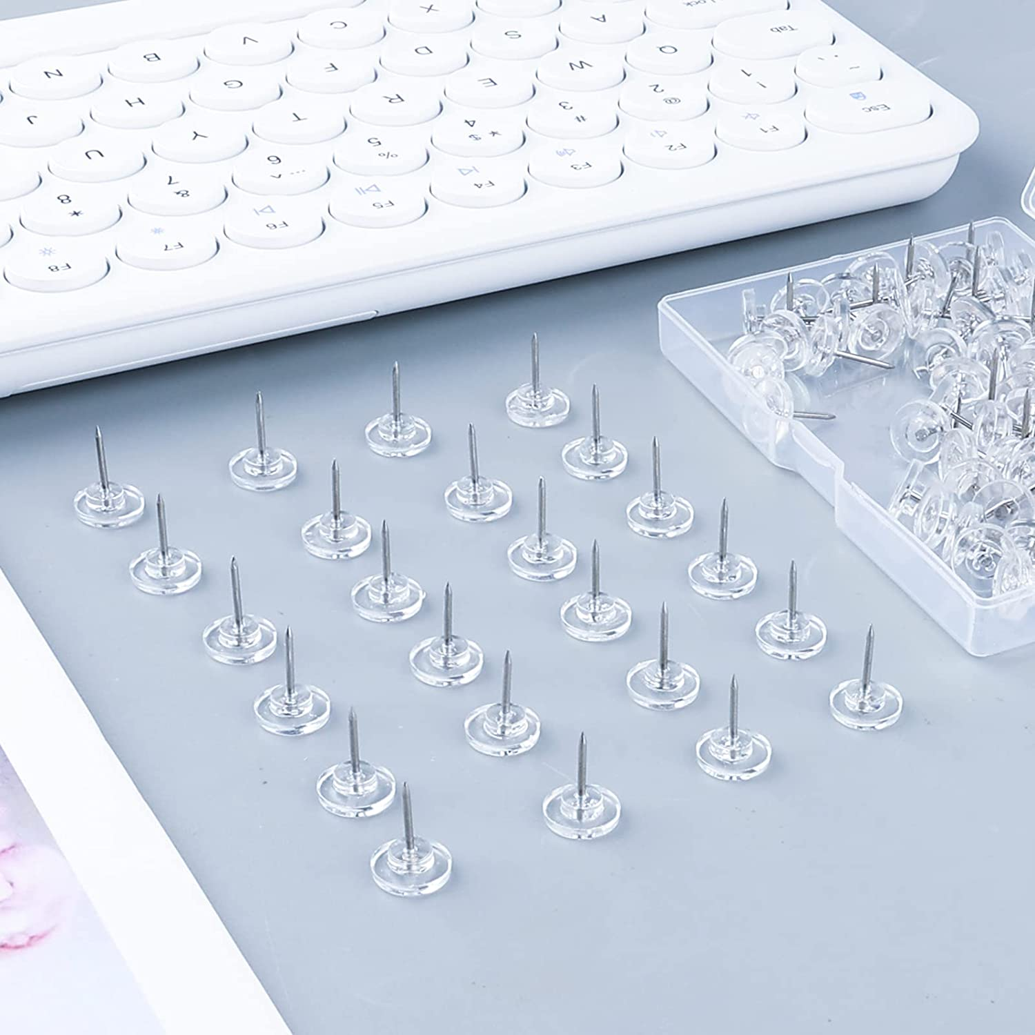 AIEX 100Pcs Clear Push Pins, Plastic Pushpins Thumb Tacks Flat Push Pins with Steel Point for Cork Board Bulletin Board Wall (White) - White image number 3