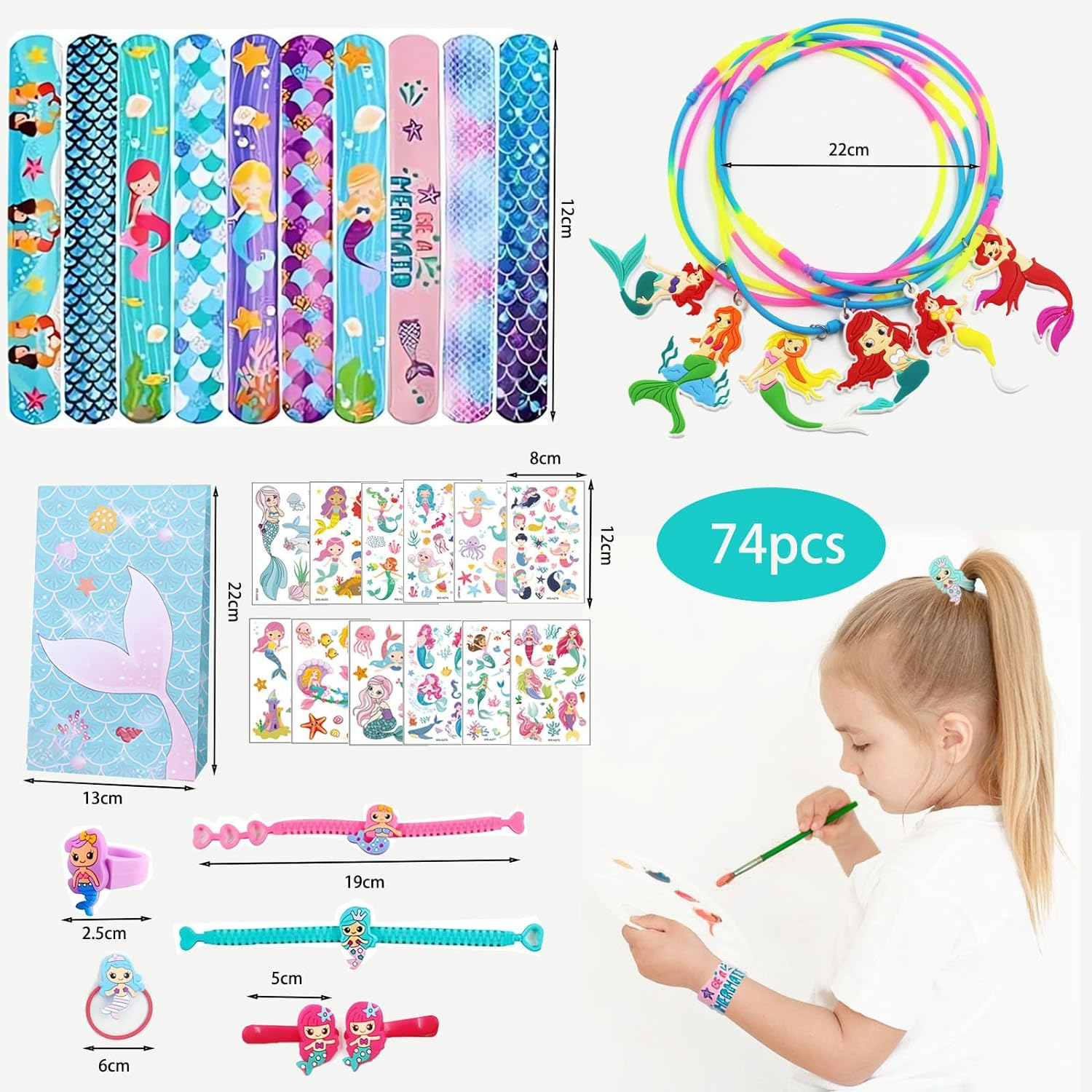 74Pcs Mermaid Party Favors Kit, Party Gifts for Children Birthday, Mermaid Slap Bracelets Necklace Bags Rings Hair Clips Etc - for Girls Party Birthday Return Gift Prizes Box image number 6
