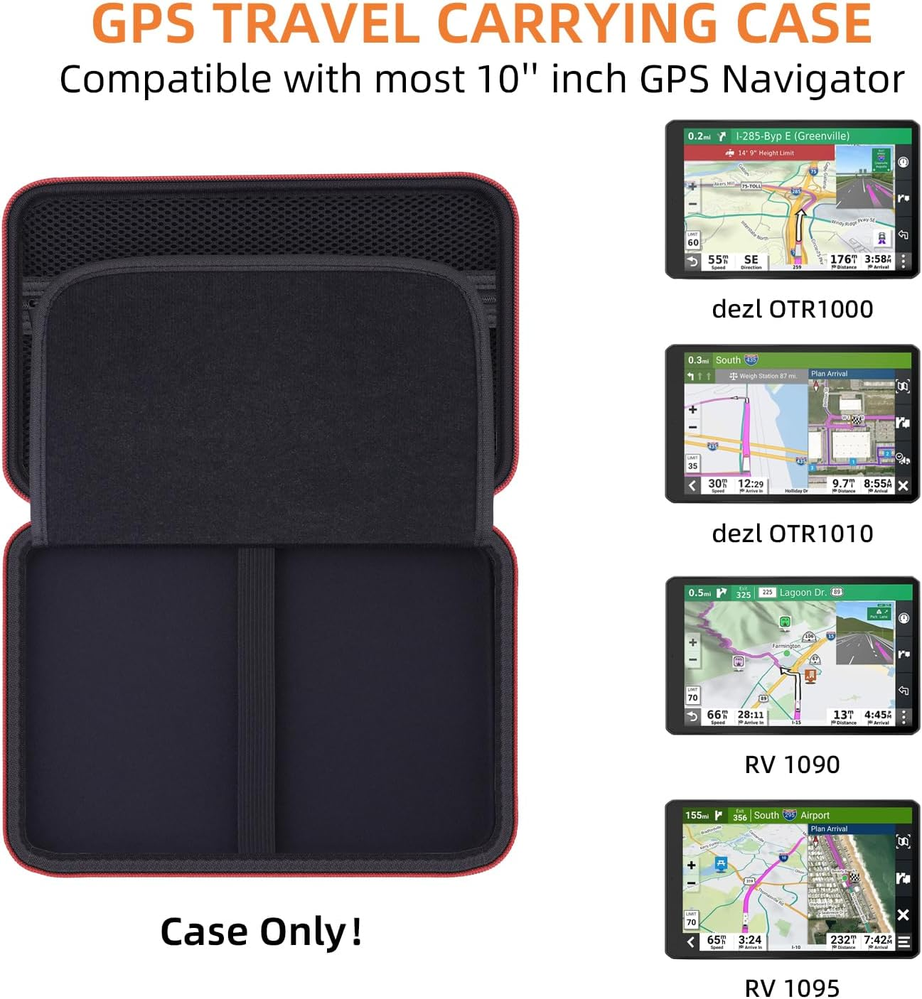 Hard GPS Case for 10-Inch Garmin Dēzl OTR1000 / Dēzl&trade; OTR1010 / RV 1095 / RV 1090 GPS Truck Navigator, GPS Protection Case with Mesh Pocket for USB Cable - Black image number 4
