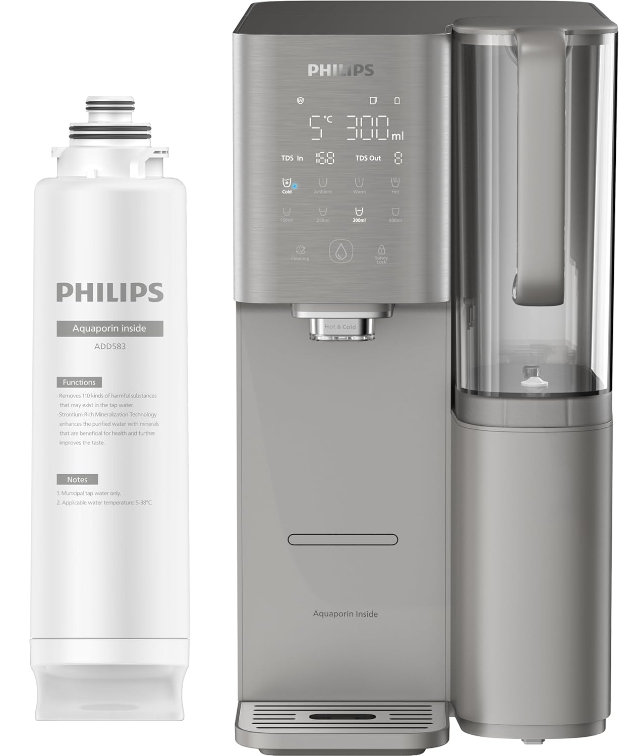 Philips Aquaporin Mineral Water Filter Station W/Ro Purification Instant Hot & Cold Water Dispenser Machine Alkaline Remineralisation UV-C LED 6L Tank Compatible with Reverse Osmosis Filter Cartridge