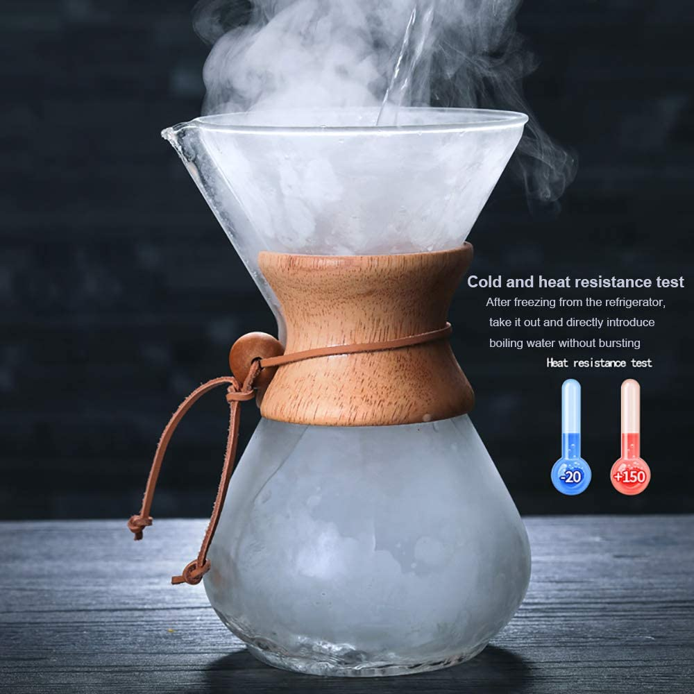 Wood Neck Pour over Coffee Maker 28Oz(800Ml) with Permanent Filter and Coaster Pad Transparent&hellip;