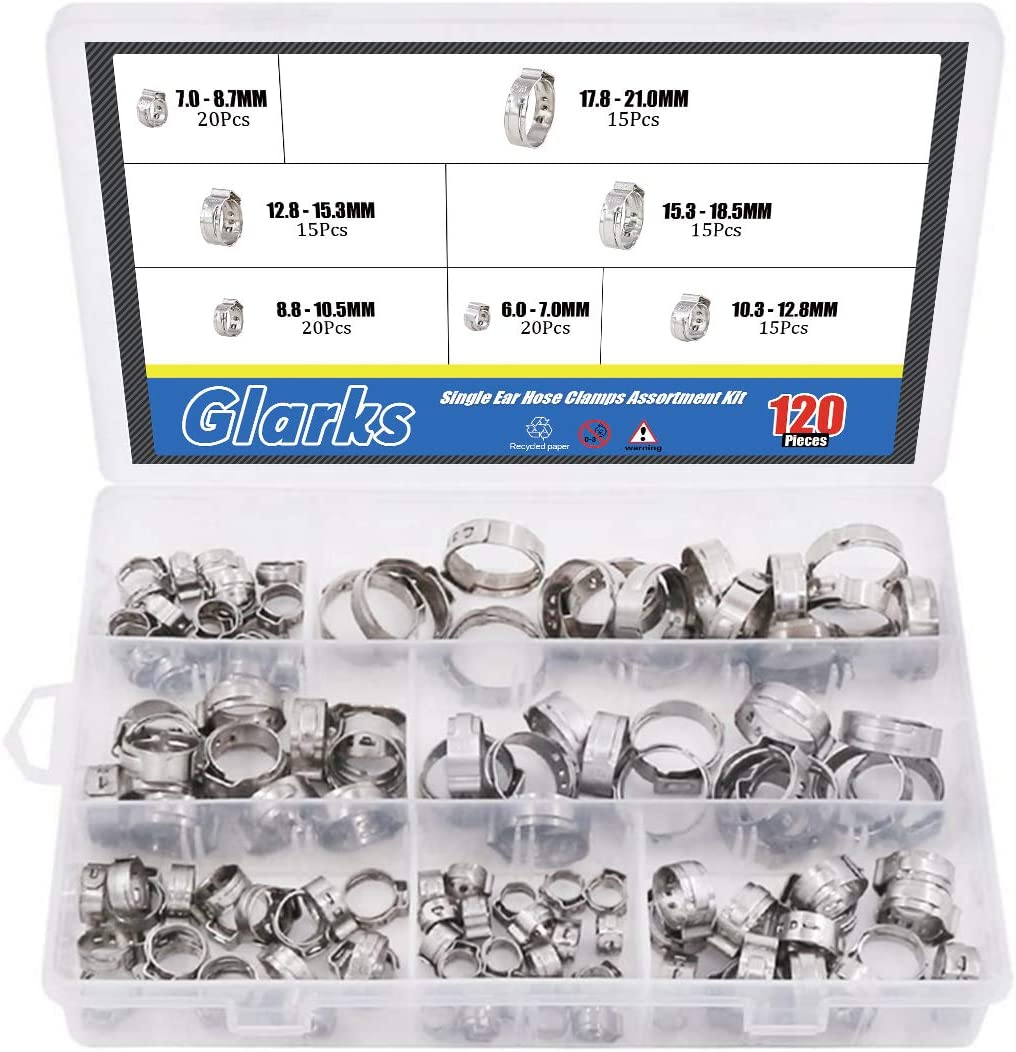Glarks 120Pcs 7-21Mm 304 Stainless Steel Single Ear Hose Clamps Assortment Kit image number 4