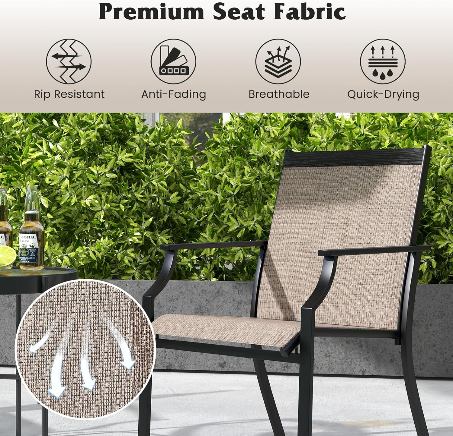Costway 4 Piece Patio Dining Chairs, Large Outdoor Chairs W/Breathable Seat & Metal Frame, Ergonomic Back & Armrests, High Backrest Armchairs for Porch, Backyard, Lawn (Brown) image number 5