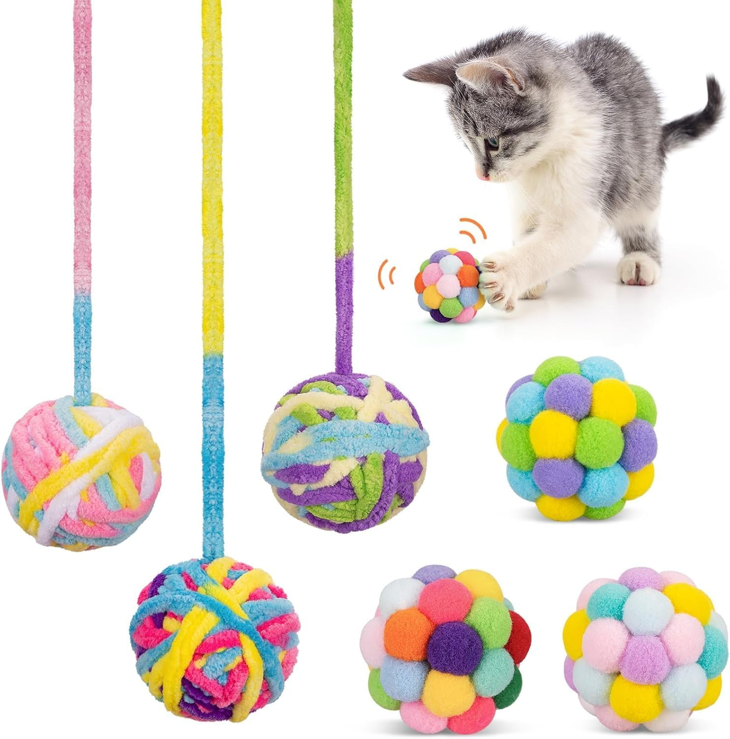 Cat Toys Ball 6 Pcs,Yarn Cat Balls with Bells Inside,Interactive Kitten Toys for Indoor Kitten Chew,Kitty Toys Fuzzy Ball with String Color Random image number 1