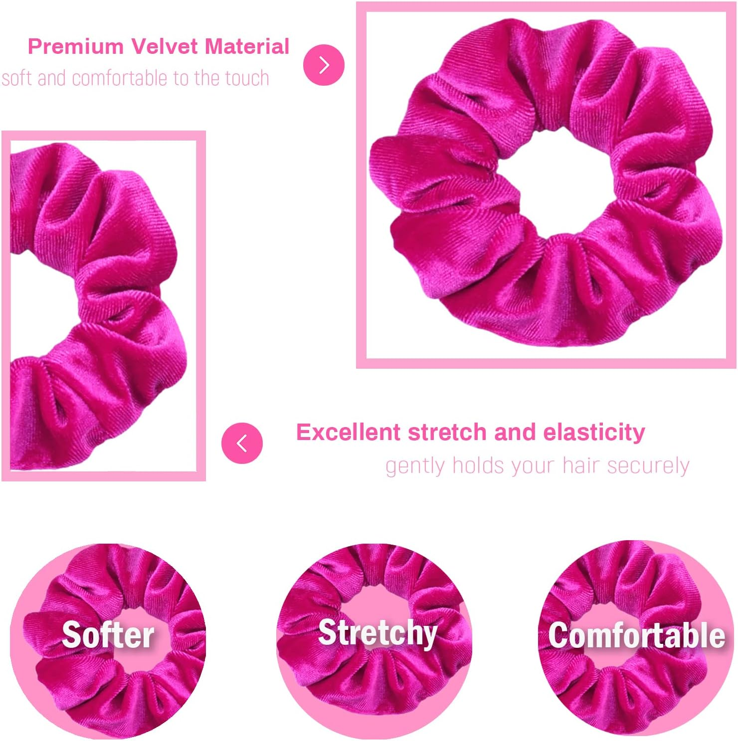 IVARYSS Hot Pink Scrunchies, Premium Velvet Soft Hair Scrunchy, Solid Colors Thick Elastic Bands, Hair Accessories for Women and Girls, 12 Pack - Pink image number 3