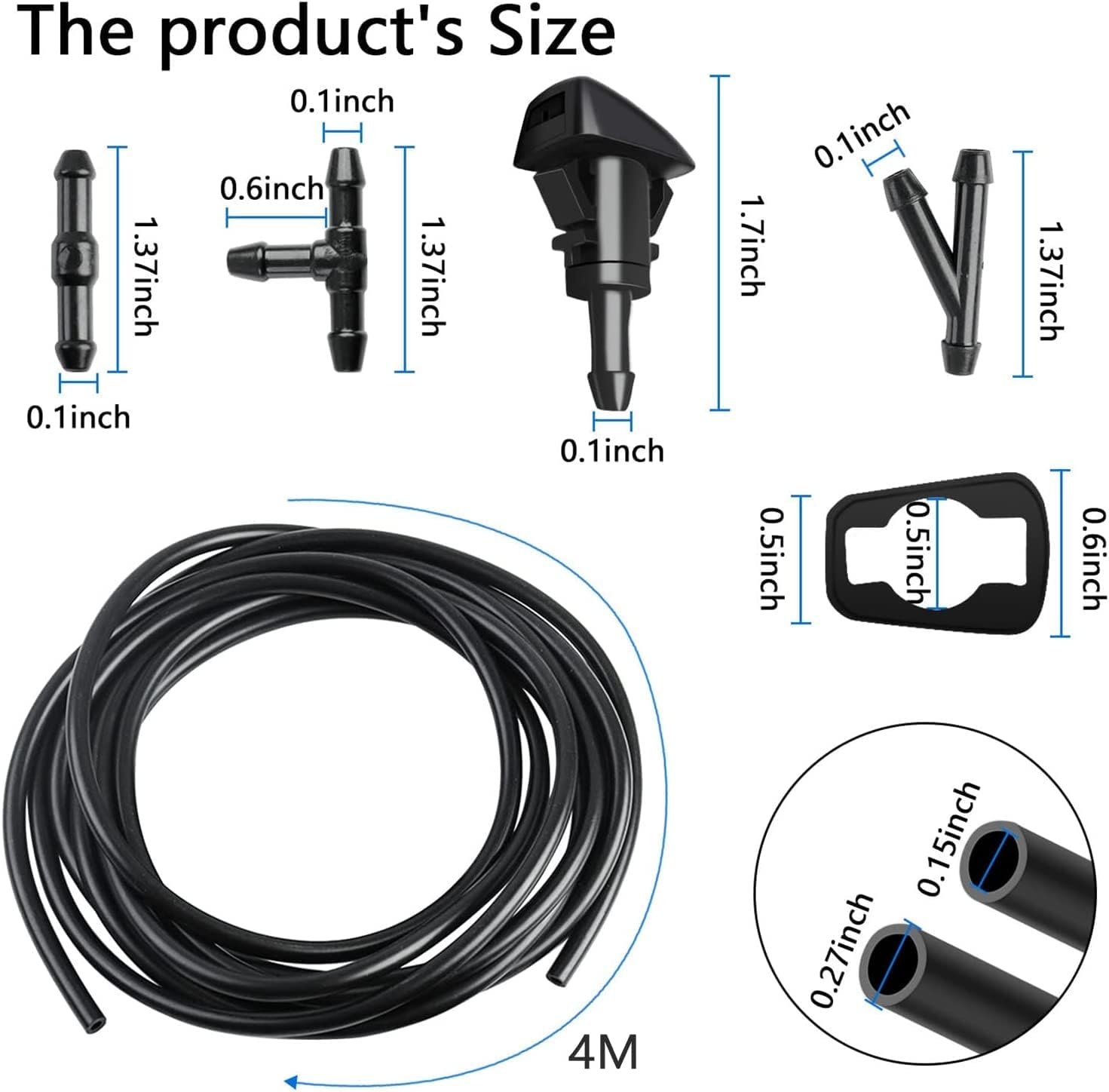 Windshield Washer Nozzles Kit Replace for Dodge Ram, Chrysler, J-Eep, Includ 4M Hose, 4 Waher Nozzles & Gasket, 12 Connectors, 30 Hood Retainers and 1 Tool (Straight + 90 Degree Washer Nozzles) image number 6