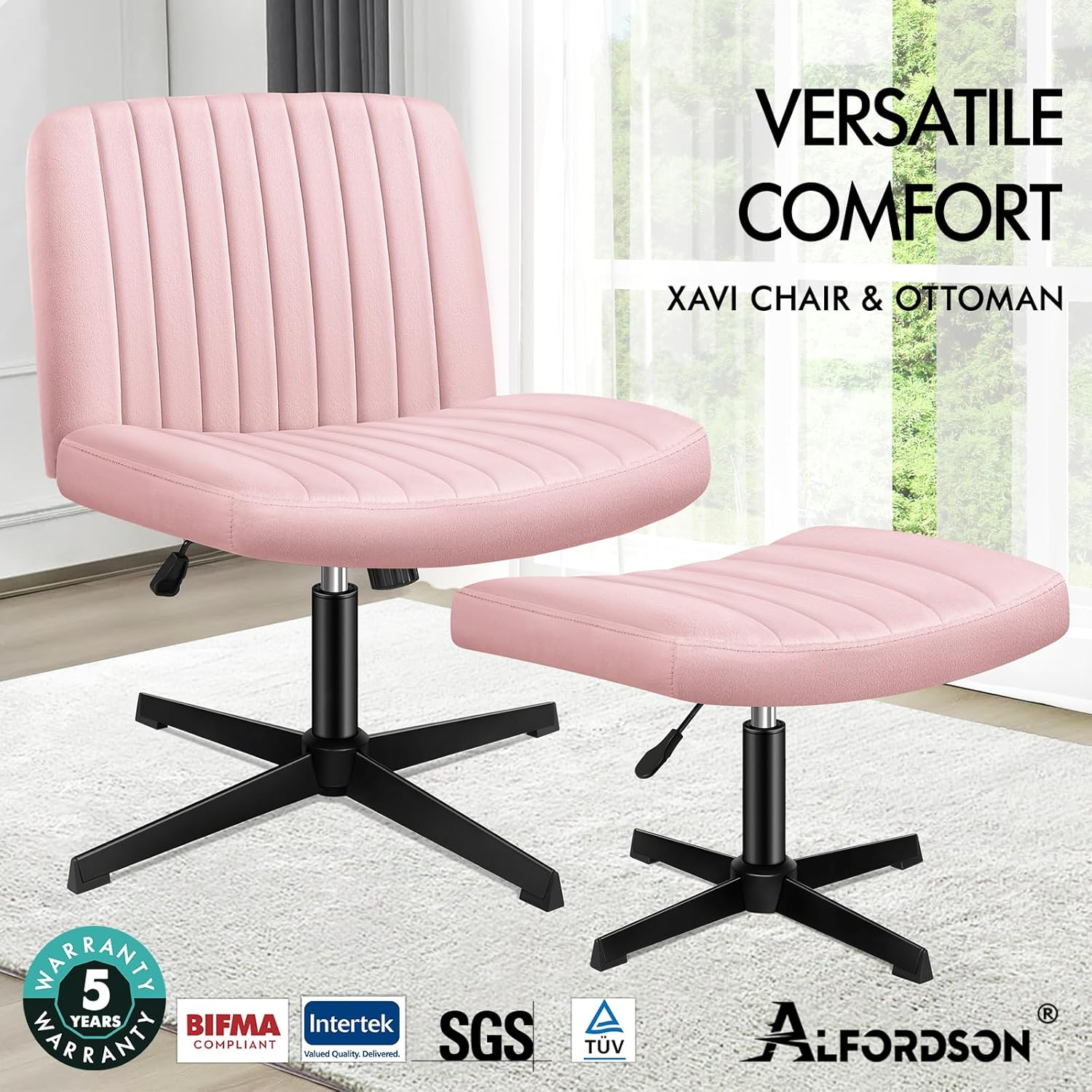 ALFORDSON Armless Criss-Cross Desk Chair with Ottoman Stool, Ergonomic Cross Leg Office Chair with Channel-Tufted Mid-Back Design, Tilt & Height Adjust and Swivel, 180Kg Max, Xavi Velvet Pink image number 5