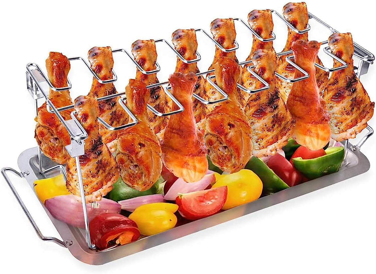 Chicken Leg Wing Rack 14 Slots Stainless Steel Metal Roaster Stand with Drip Tray for Smoker Grill or Oven, Dishwasher Safe, Non-Stick, Great for BBQ, Picnic image number 3