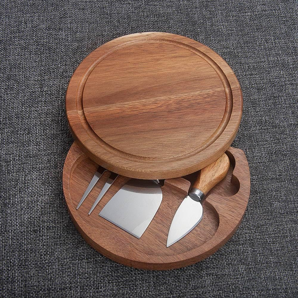 Round Slide-Out Acacia Wood Cheese Serving Board and 3 Piece Cheese Tool Set, 7.5 Inch Diameter, Ideal for Wedding Birthdays Christmas Anniversary Housewarming Kitchen Personalized Gift image number 5
