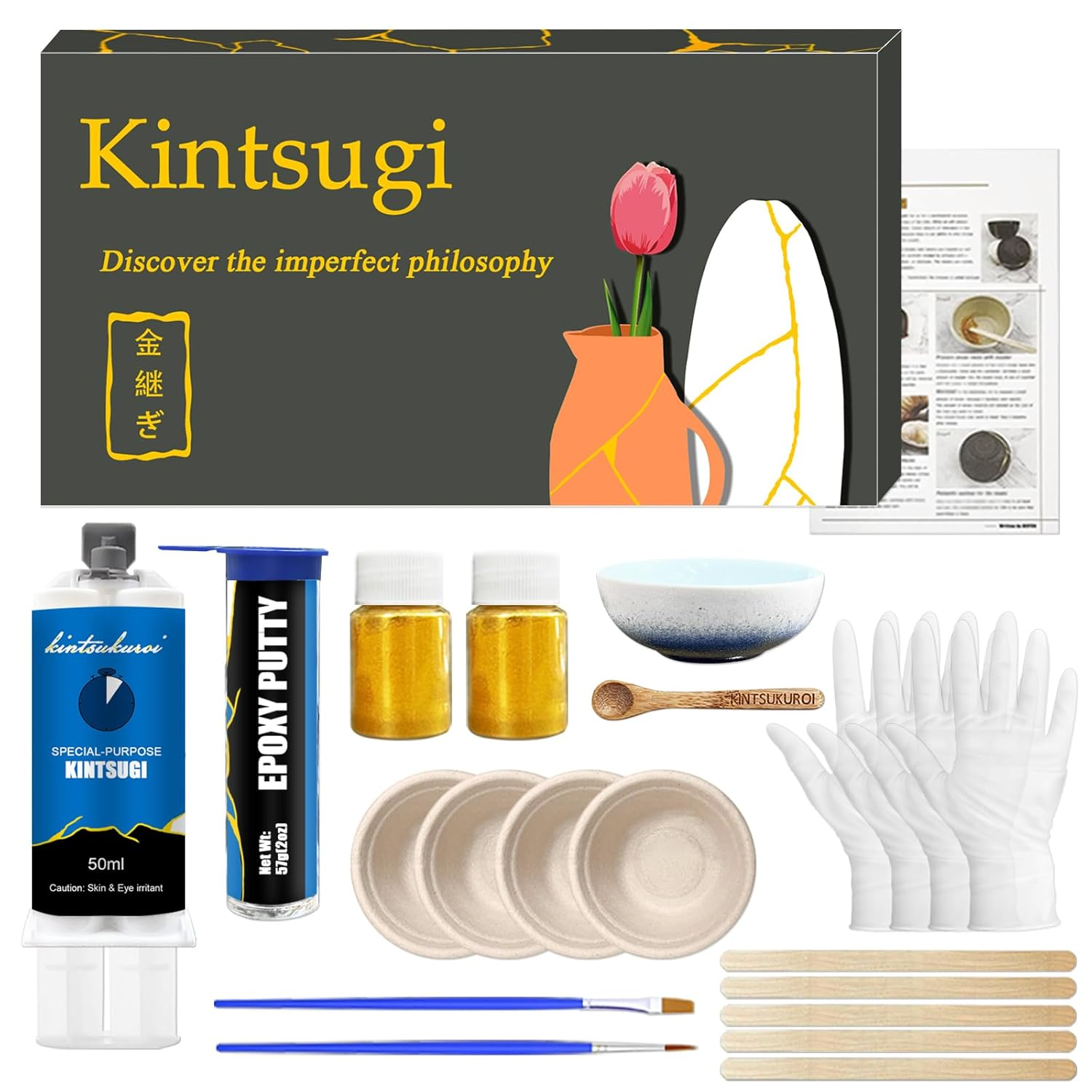Kintsugi Repair Kit with Practice Cup, Japanese Gold Repair Kit, for Ceramics and Porcelain Restore, Beginner Fix Broken Pottery Set, Handmade Gifts image number 2