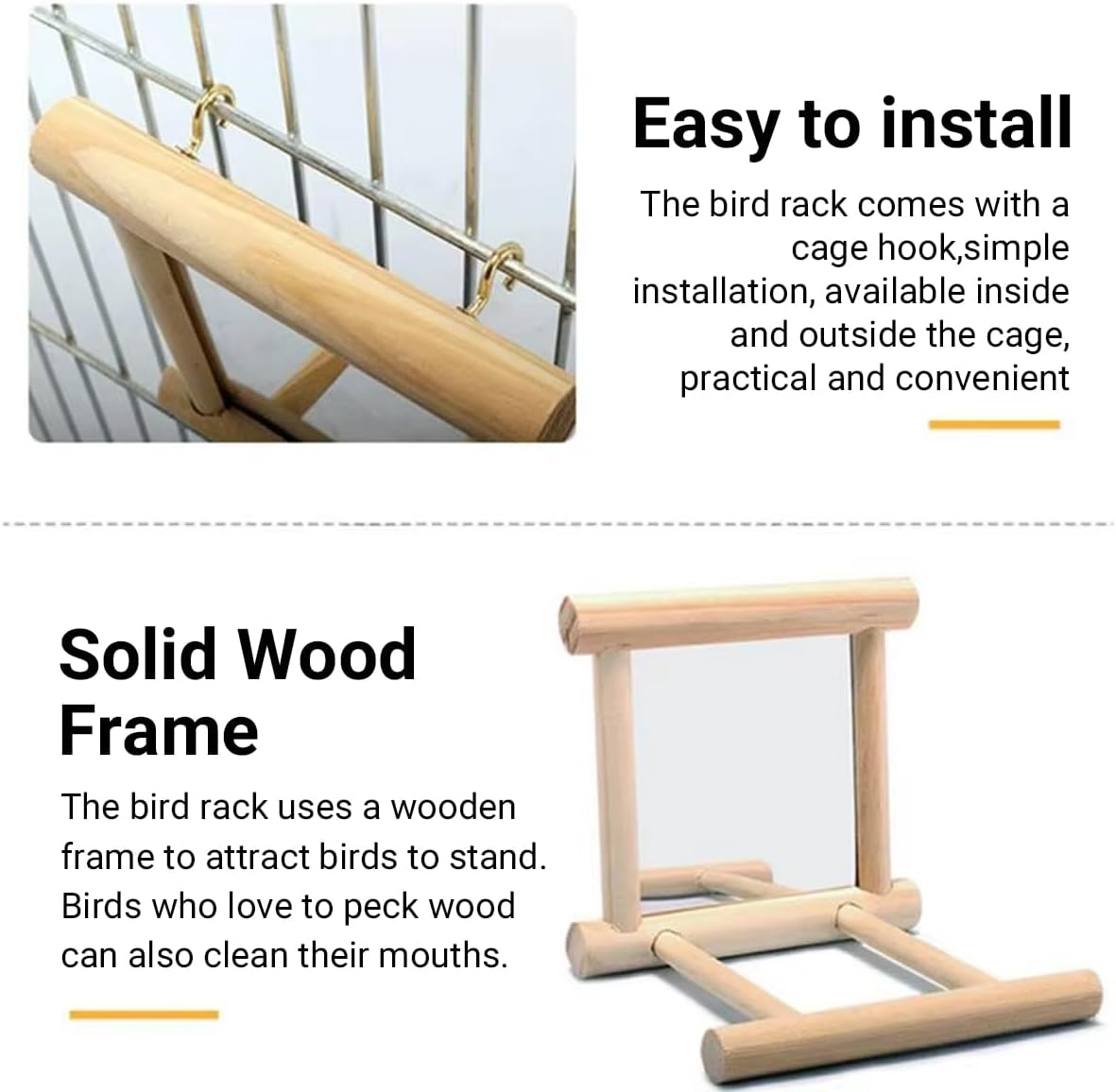 Wooden Bird Cage Mirror with Perch Stand, Interactive Parrot Mirror Toy for Small and Medium Birds, Durable Wood Frame, Ideal Birdcage Accessories for Parrots, Finches, and Budgies