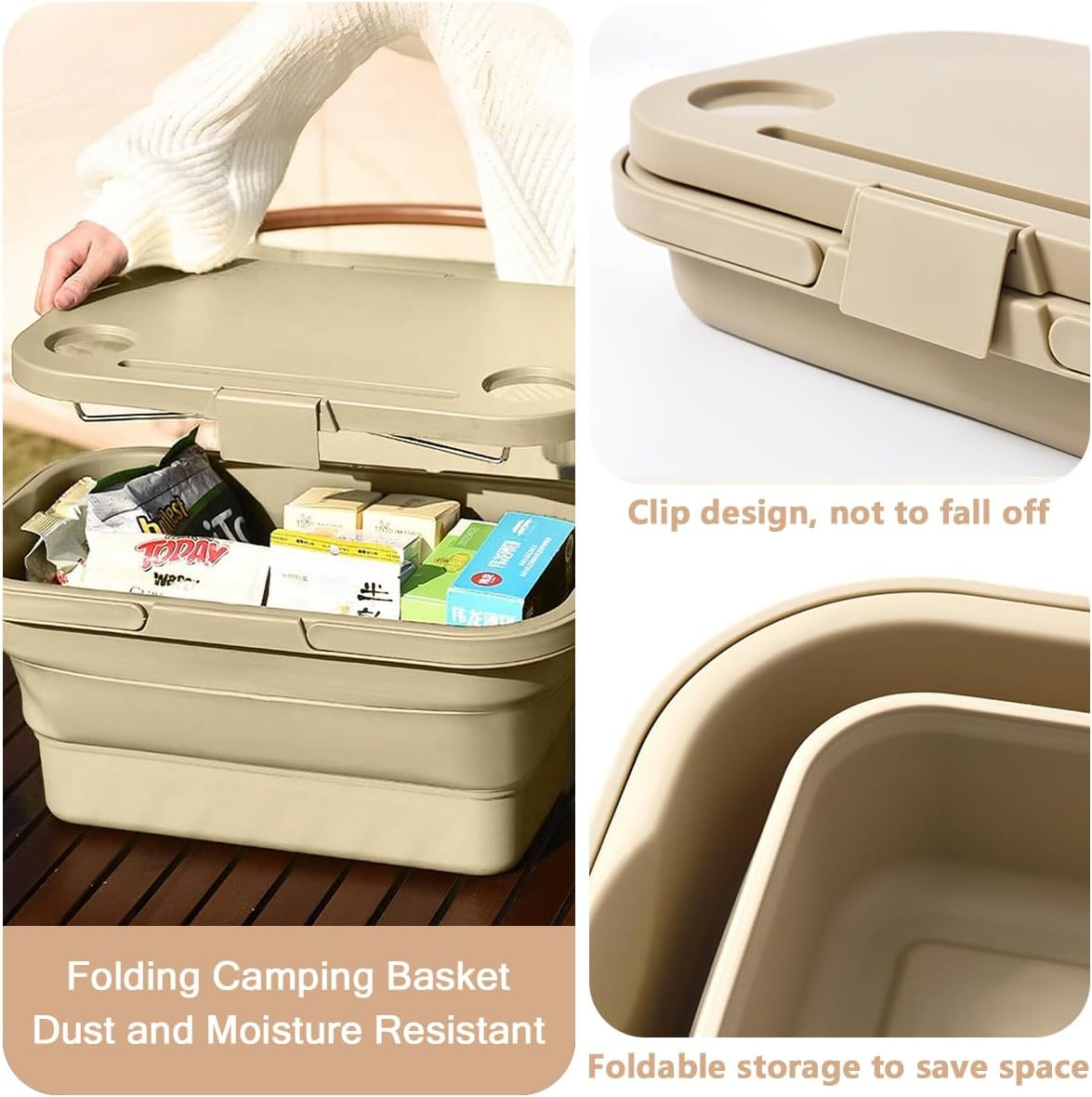 Collapsible Picnic Basket, Portable Large Capacity Picnic Basket, Foldable Picnic Bin with Lid Table, Multi-Functional and Water-Proof Storage Basket with Lid for Camping, Outdoor, Fishing image number 5