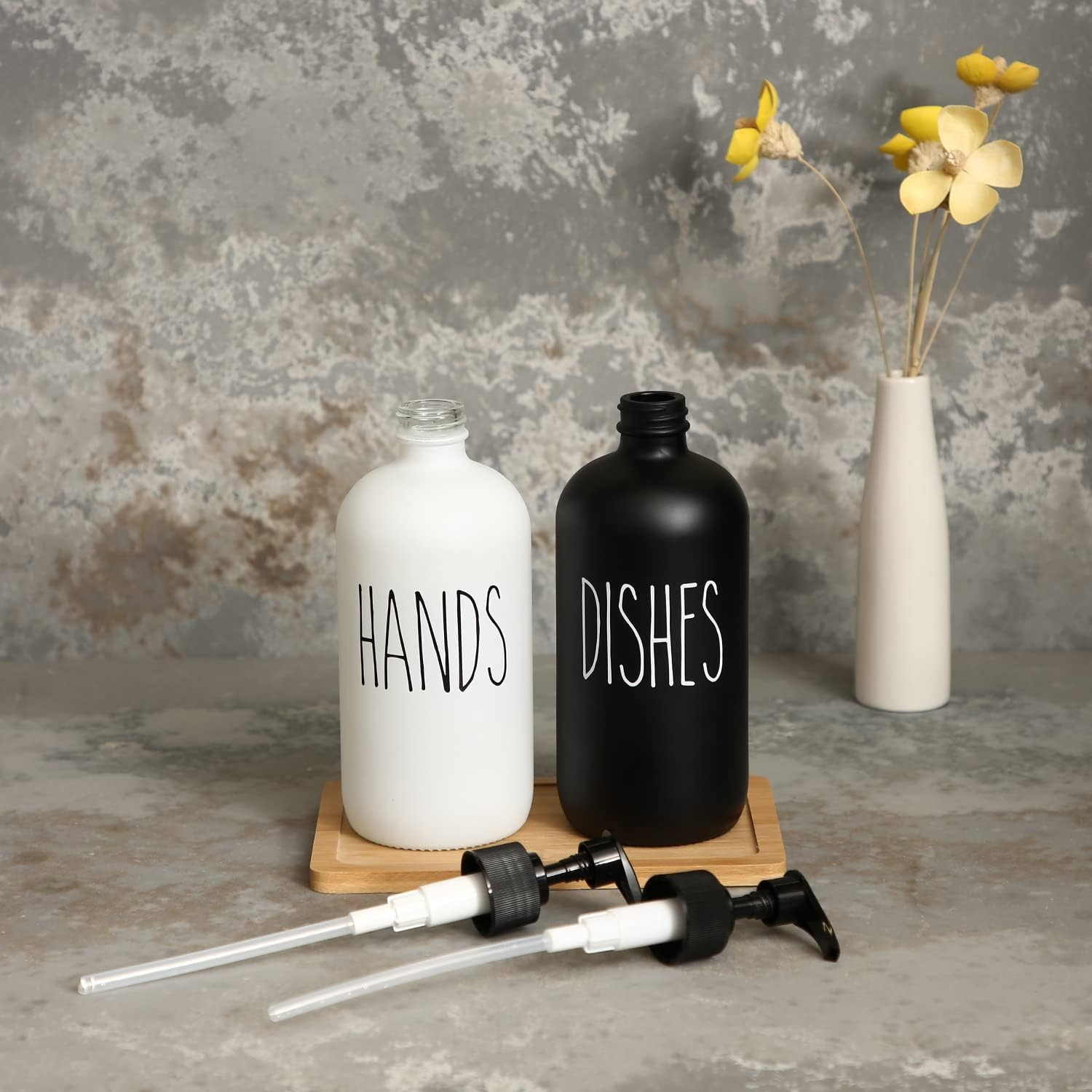 MOMEEMO Soap Dispenser Set 2 Pack, Contains Dish Soap Dispenser and Hand Soap Dispenser. 16 Oz Glass Soap Dispenser with Black Plastic Pumps, Perfect for Black and White Kitchen Decor. (Black & White) - Hd Black White image number 6