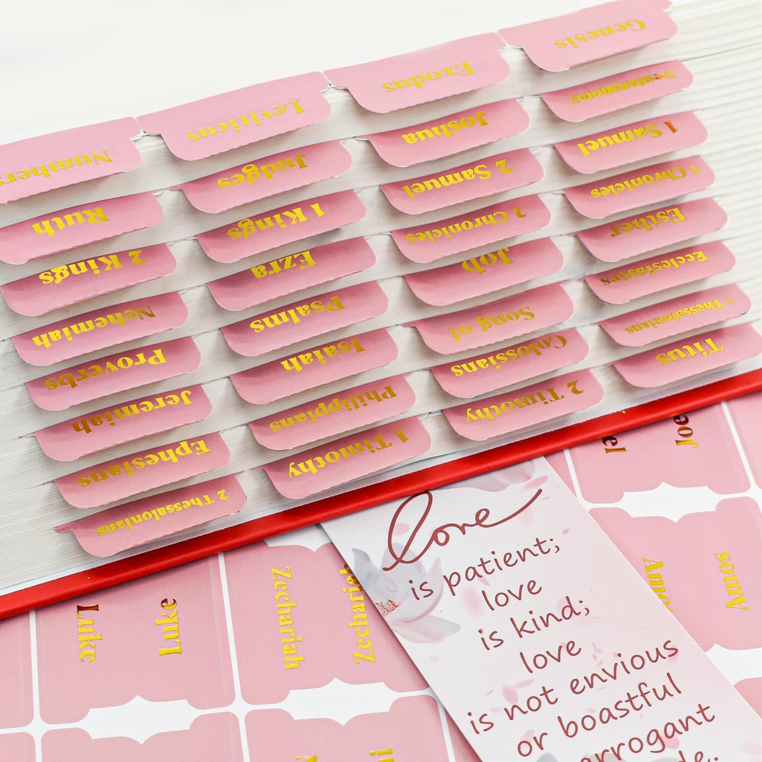 VANRA Bible Tabs for Women Study Bible Journaling Supplies Large Print, 96 Tabs Old and New Testament Studying with Blank Laminated Bible Tabs Pink (Gold Lettering)