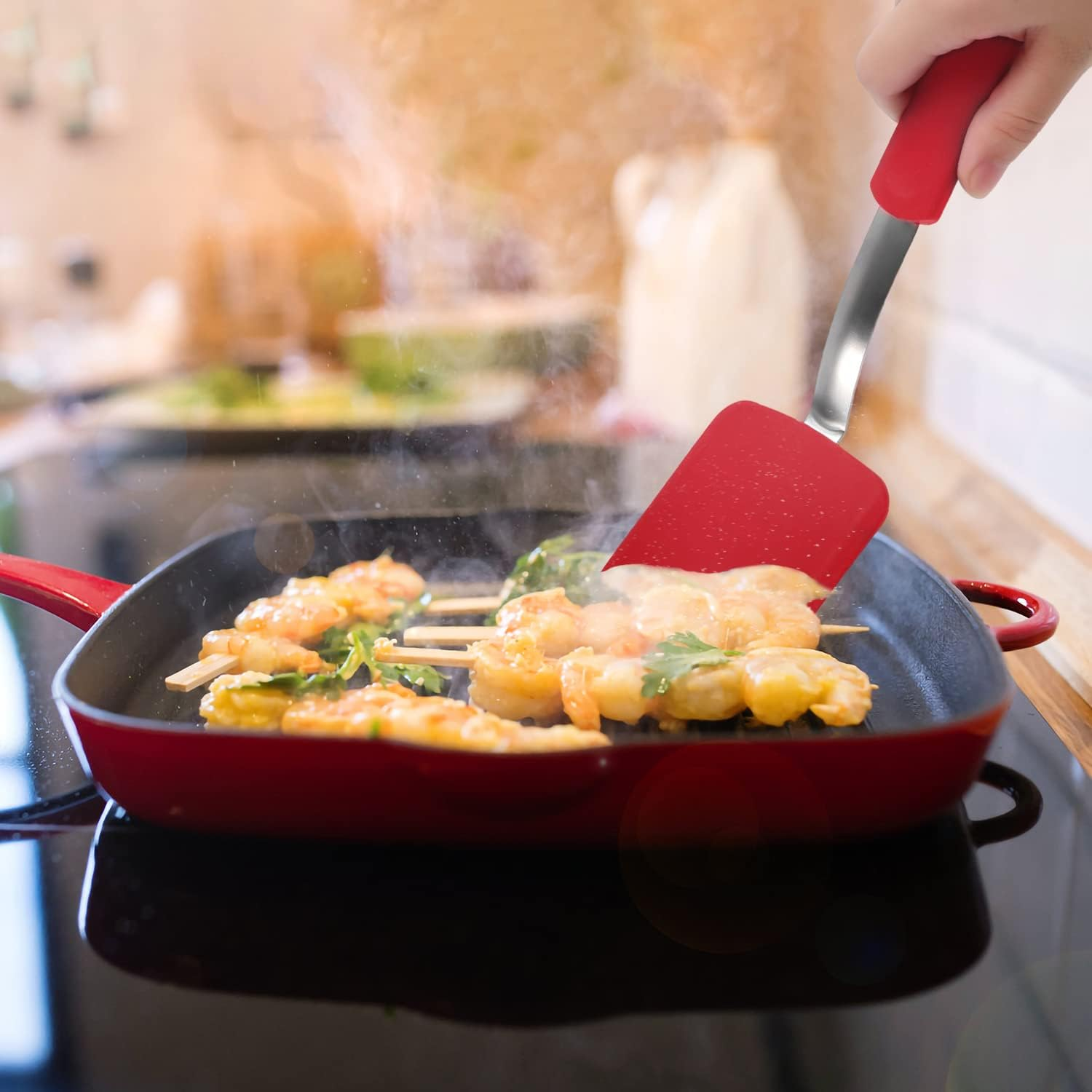 2Pcs Small Silicone Spatula, Mini Silicone Spatula Turner Heat-Resistant Scratch Flipper Baking Utensil for Fish, Eggs, Pancakes, Wok (Black, Red) image number 3