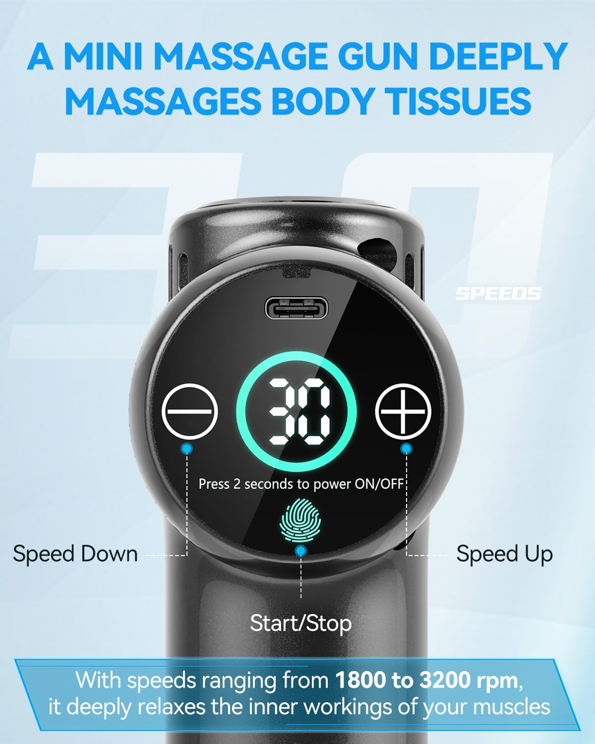 Mini Massage Gun, Pocket-Sized Deep Tissue Massager, 30 Speeds Handheld Muscle Massage Gun, Portable Percussion Massager with 4 Heads, Powerful Muscle Gun Cordless for Travel Home Office Gym (Black) image number 3