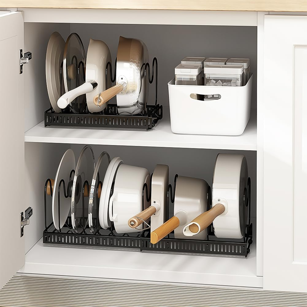 Pot and Pan Organizer for Cabinet with 10 Adjustable Compartments, Expandable Pot Racks, Pot Lid Organizer, Pan Holder Storage Rack for Kitchen Cabinet(Black) image number 6
