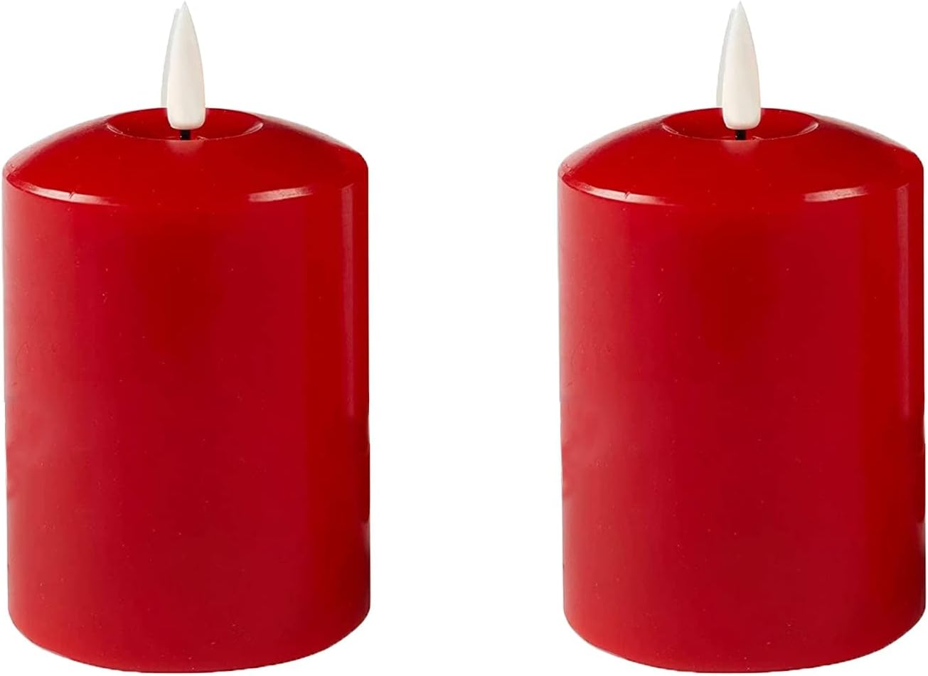 Set of 2 LED Red Wax Pillar Candles - 3 Size Options - 18Cm image number 3