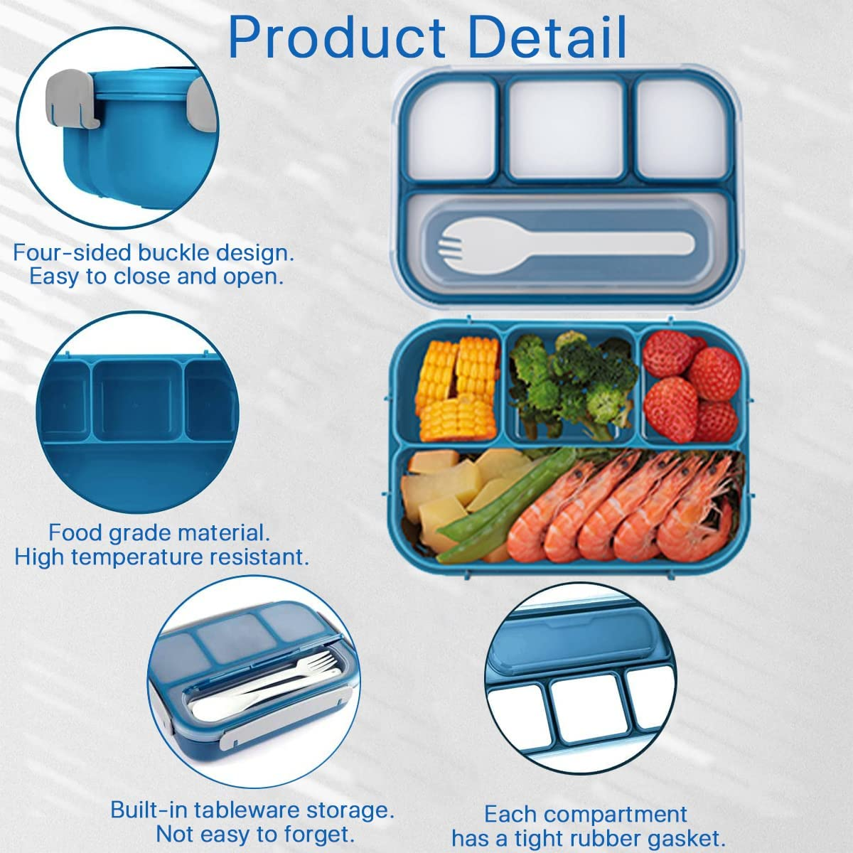 Bento Lunch Box, 1300Ml 16 Pcs Bento Box Adult Lunch Box,4 Compartment Bento Box Lunch Box Containers, Leak-Proof,Microwave/Dishwasher/Freezer Safe (Blue) image number 5